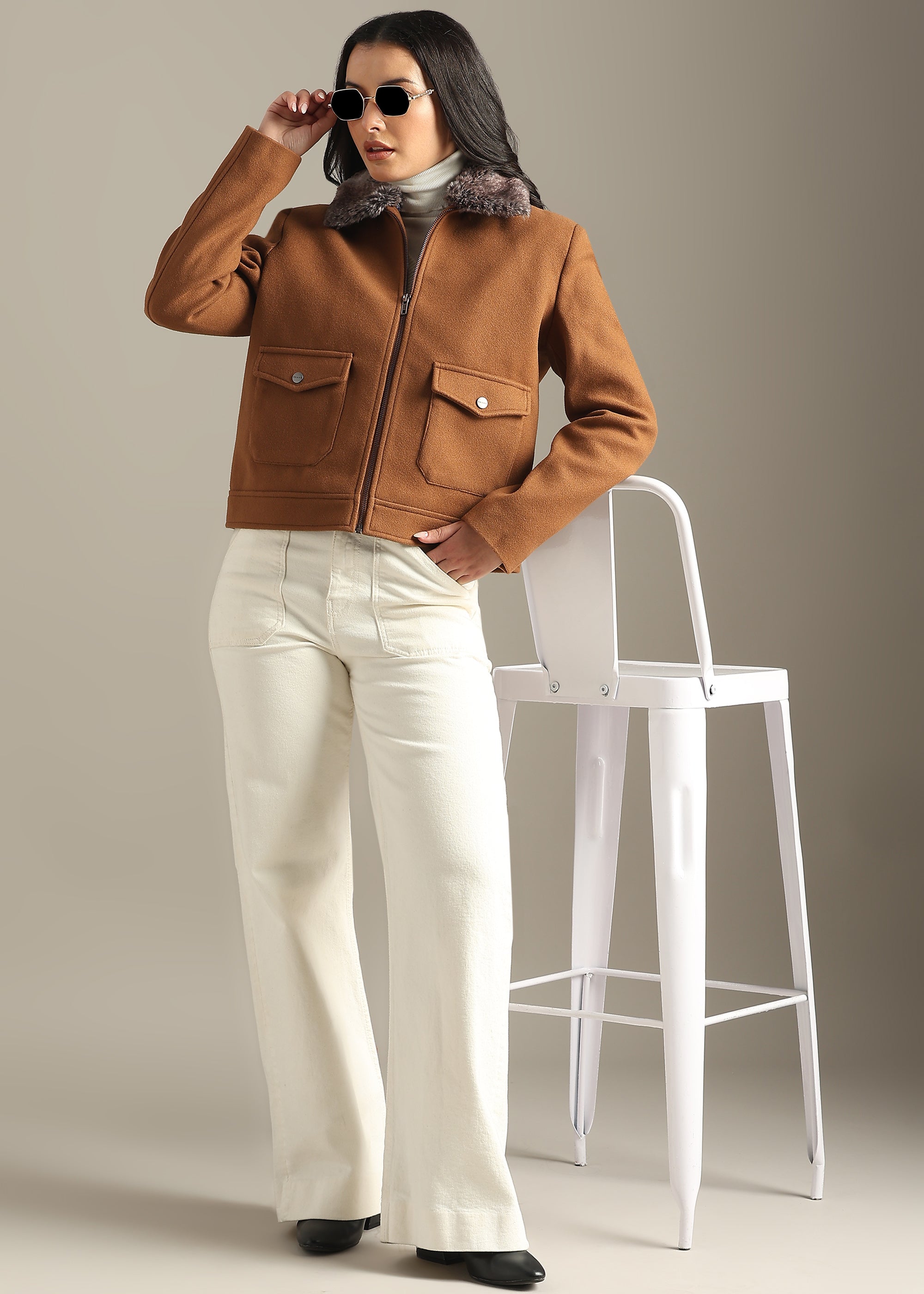 TAN DETACHABLE FUR BLOUSON COAT