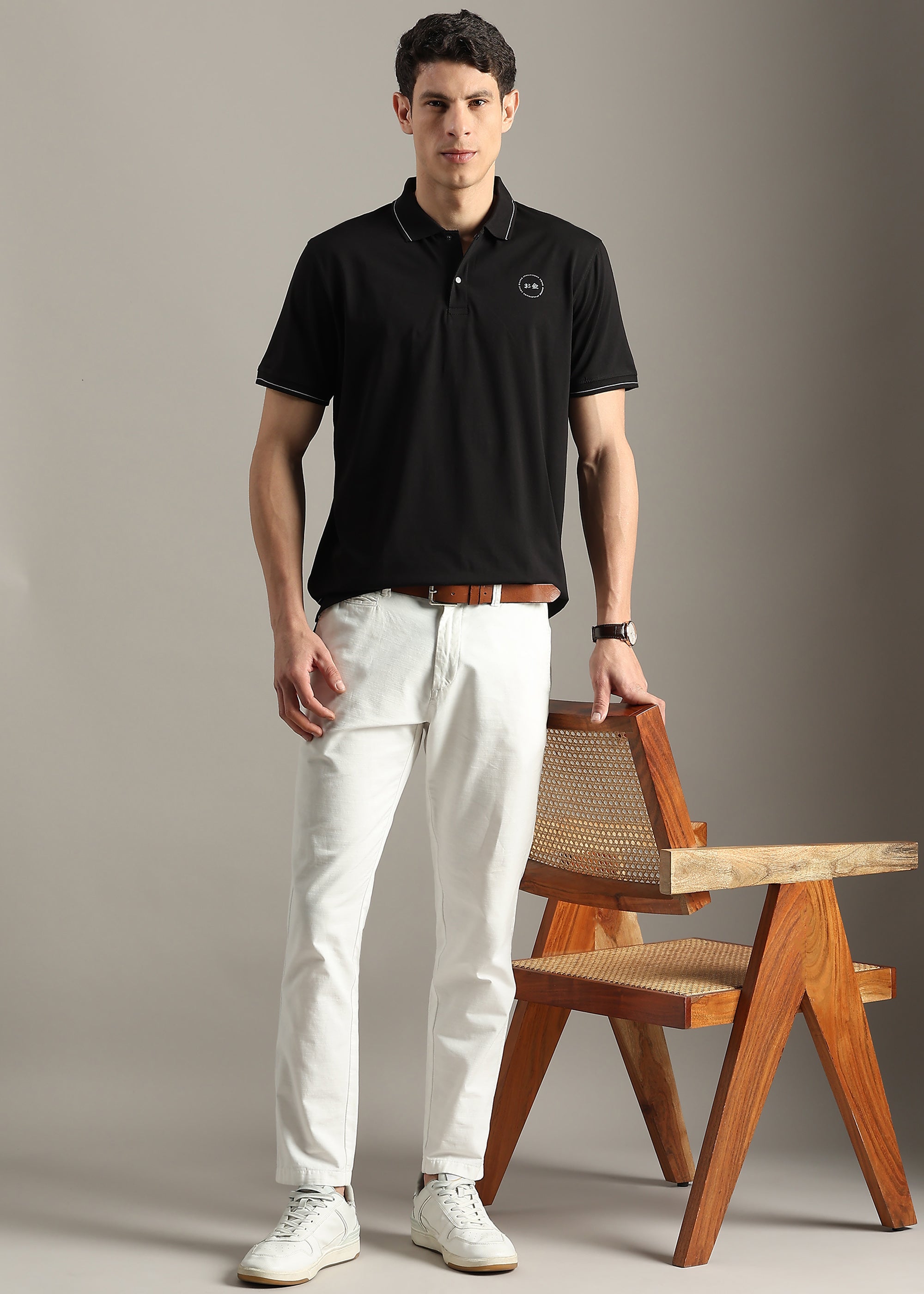 BLACK SOLID COTTON ELASTANE POLO TEE