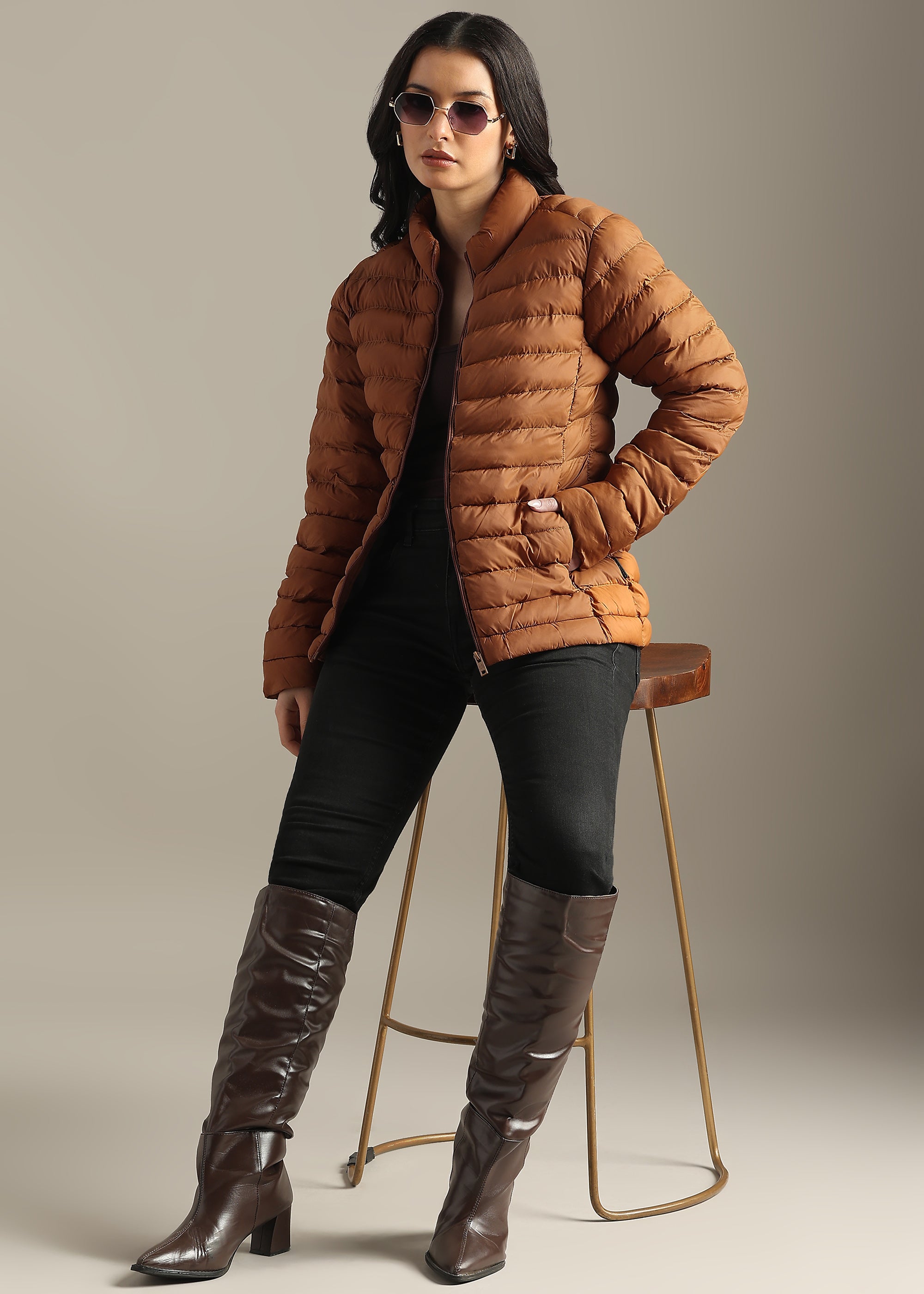 TAN SOLID POLYESTER PUFFER FULL SLEEVE JACKET