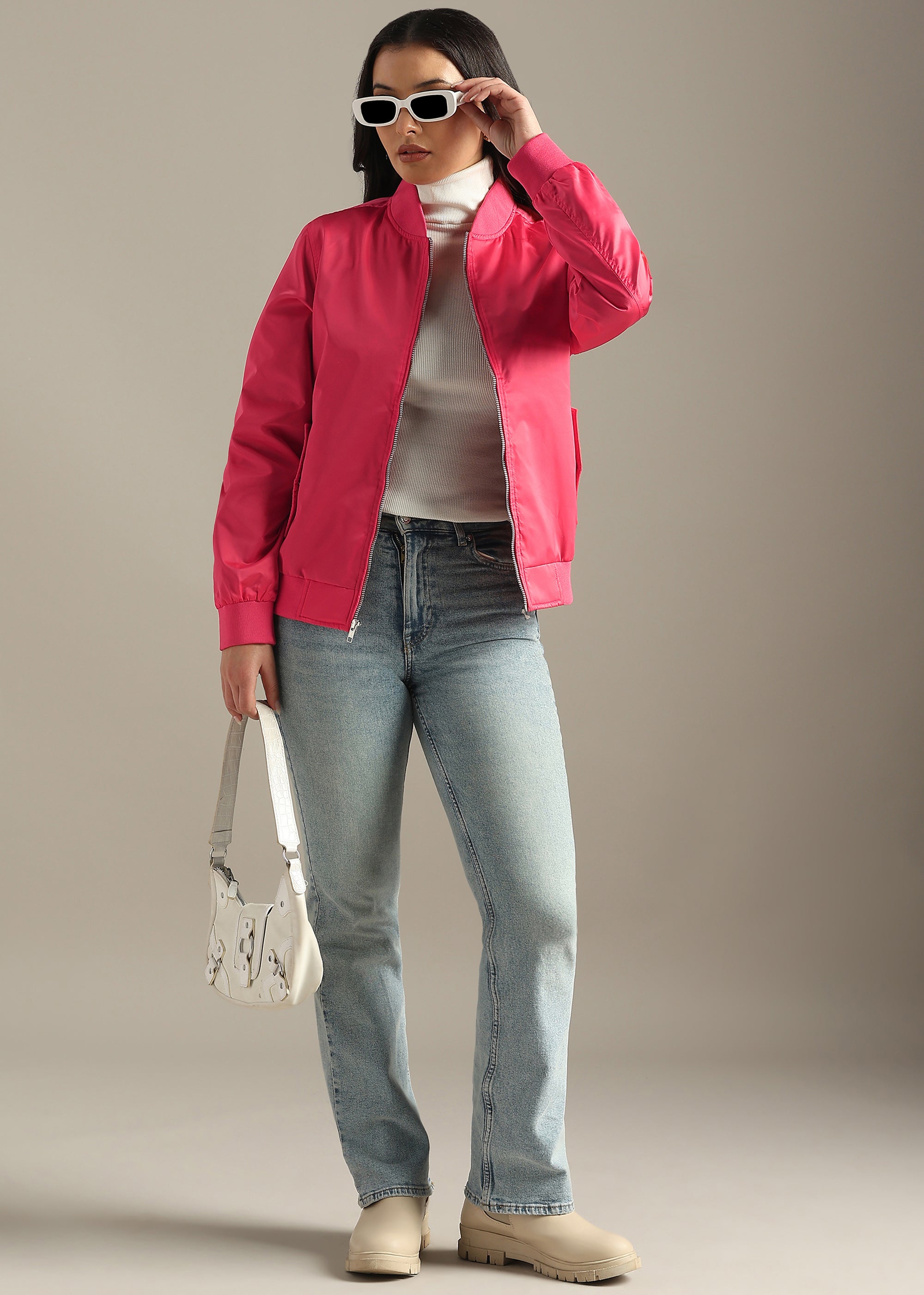 PINK SATIN BOMBER FULL SLEEVE JACKET