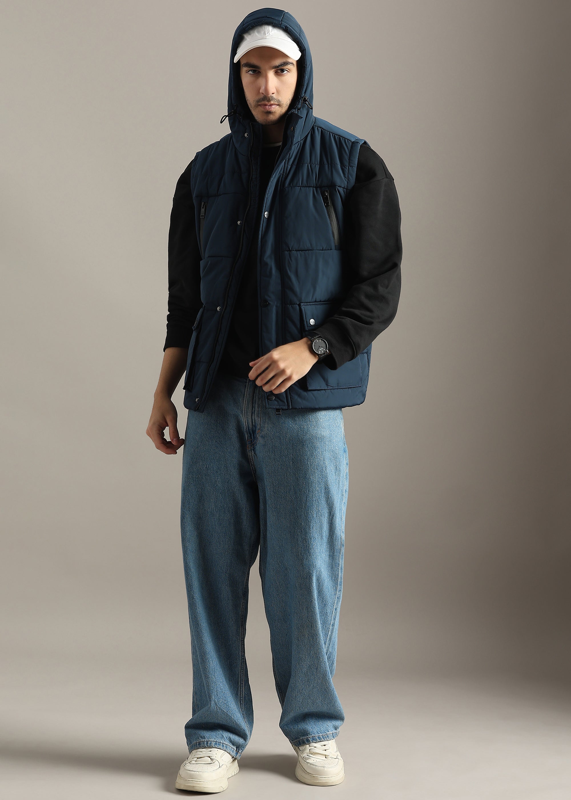 NAVY SOLID NYLON MULTI POCKET SLEEVELESS CARGO JACKET