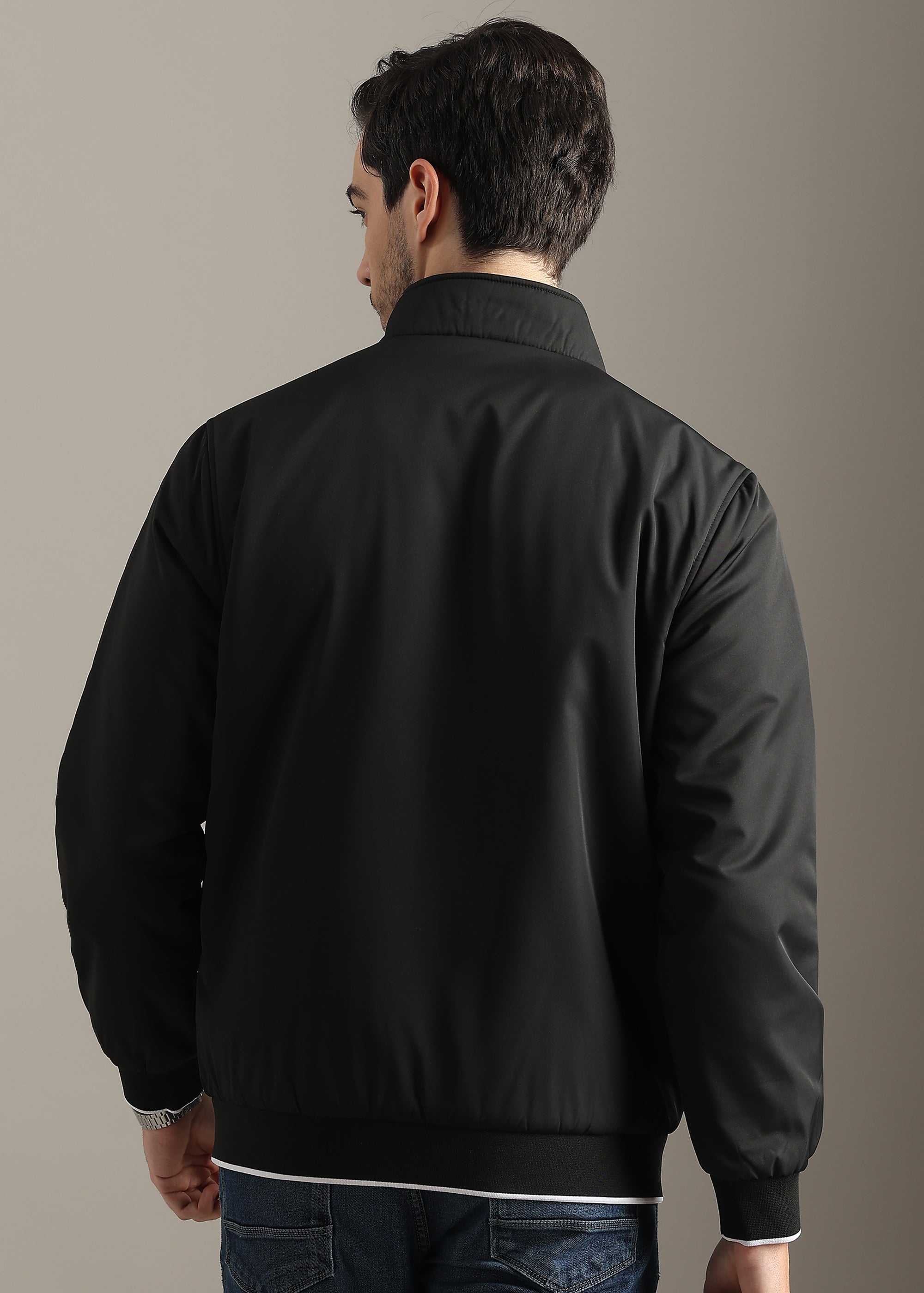 BLACK SOLID PREMIUM HARRINGTON NYLON FULL SLEEVE JACKET