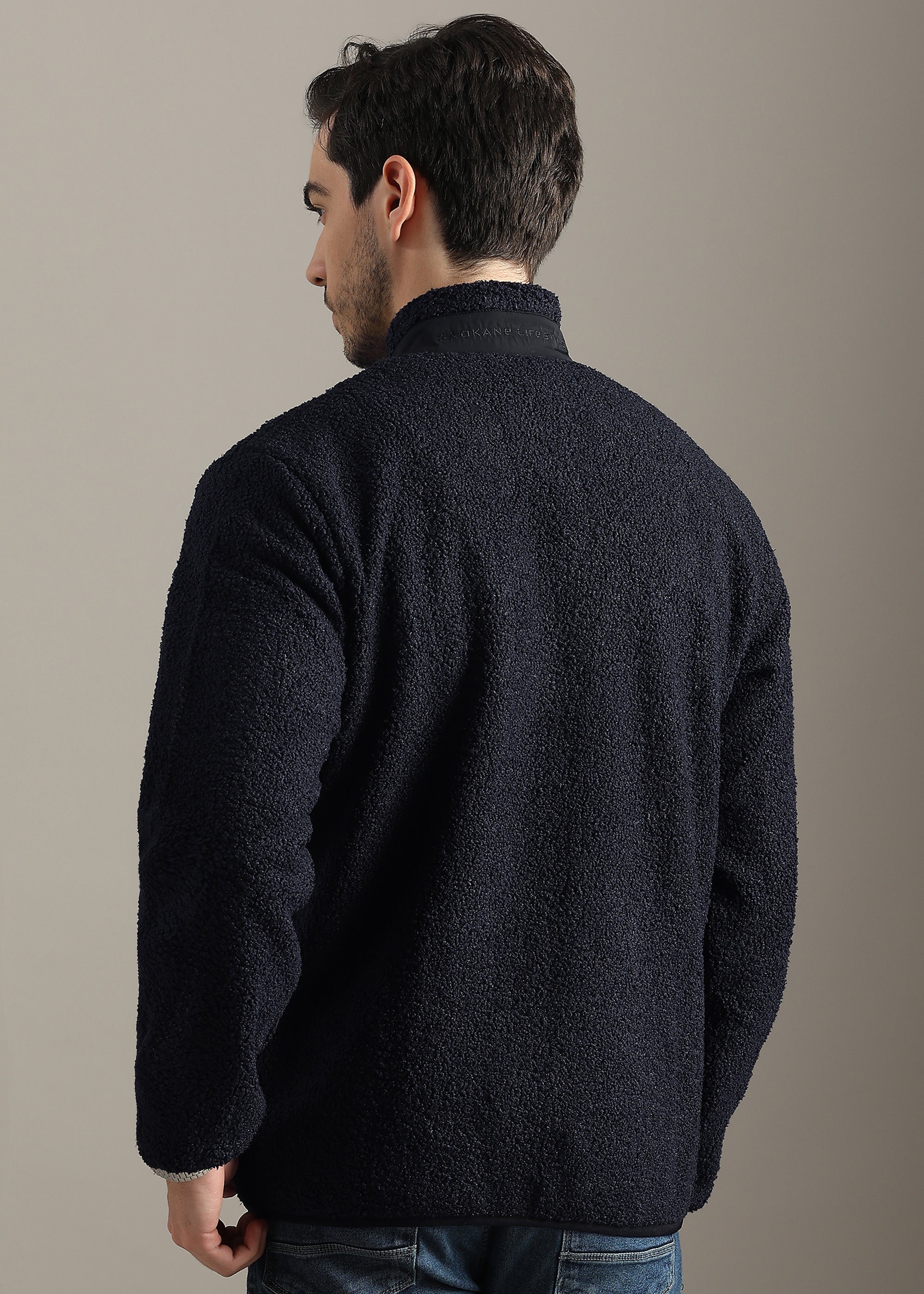 NAVY SOLID FOUX SHEARLING ZIPPER SWEAT SHIRT