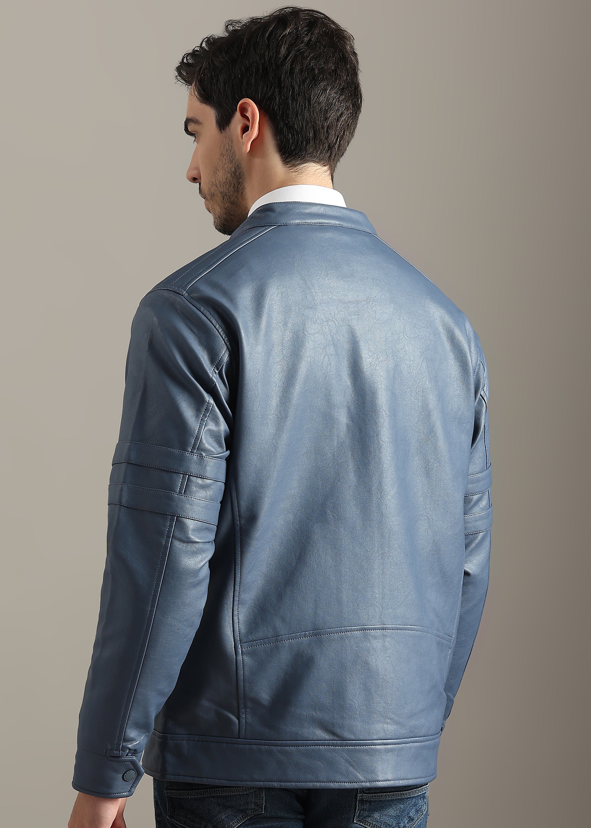 BLUE FAUX LEATHER TRIM MANDARIN COLLAR FULL SLEEVE TAILORED JACKET