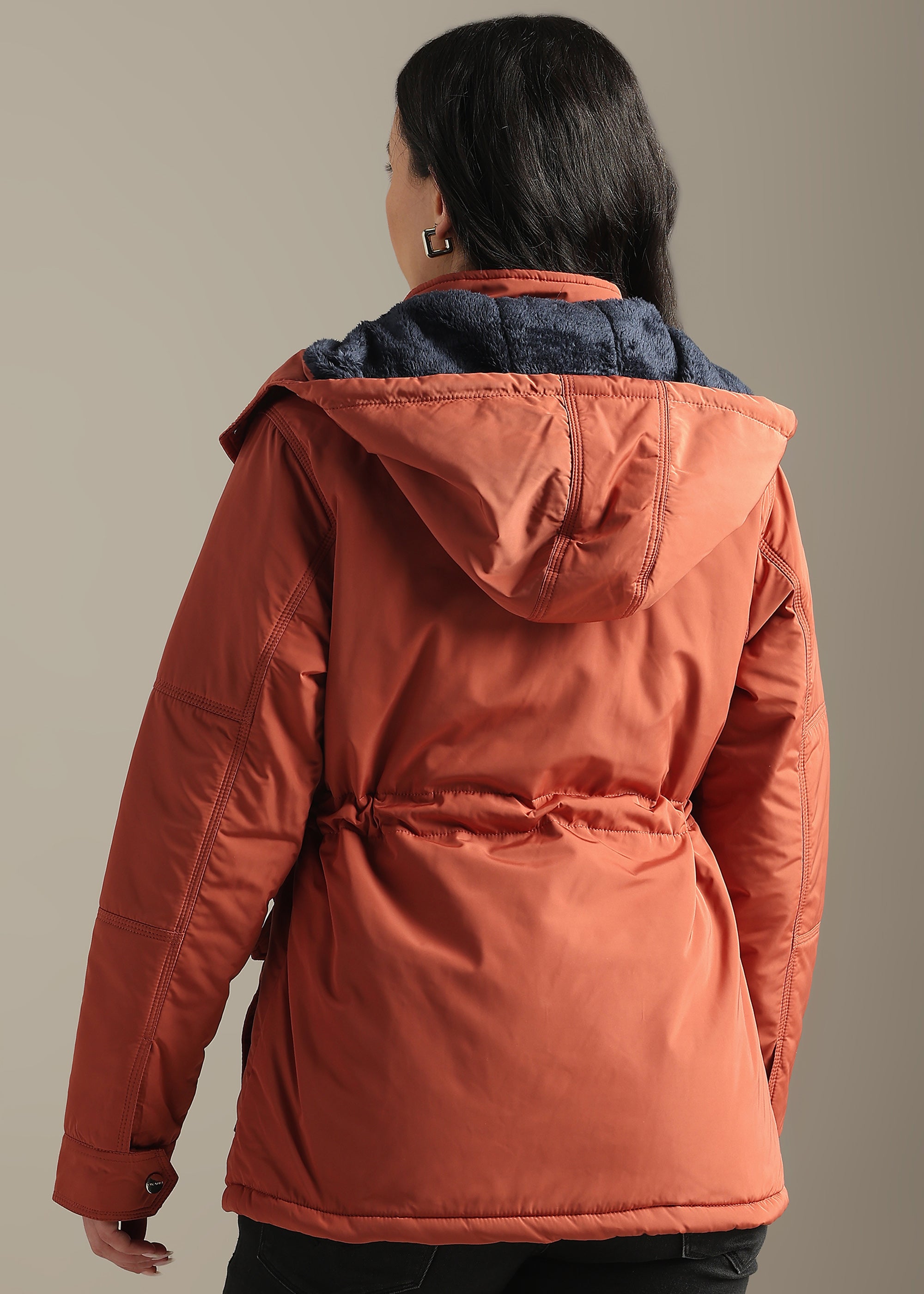 PEACH SOLID FUR PADDED PARKA FULL SLEEVE JACKET