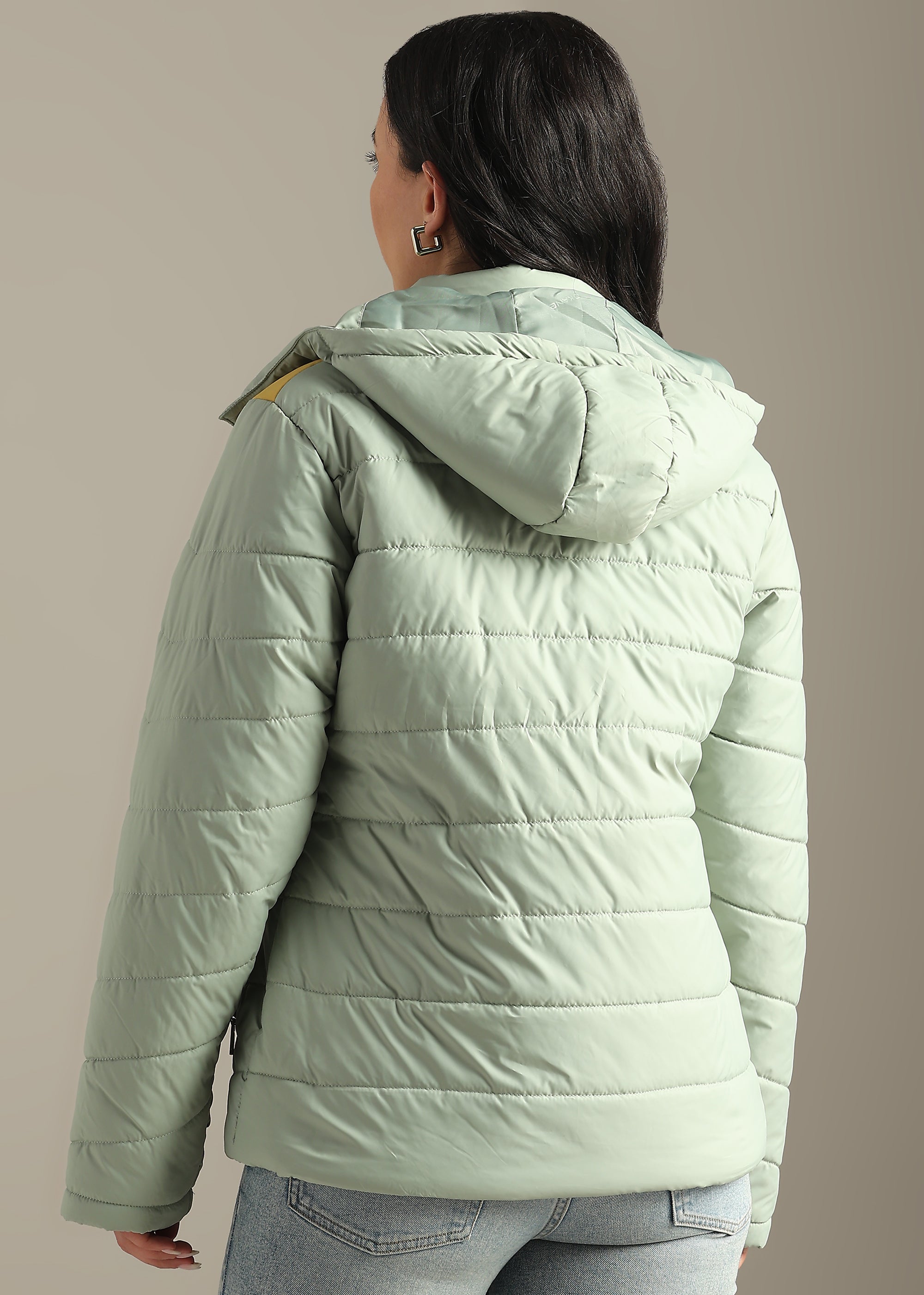 TEAL COLOUR-BLOCK PUFFER FULL SLEEVE JACKET