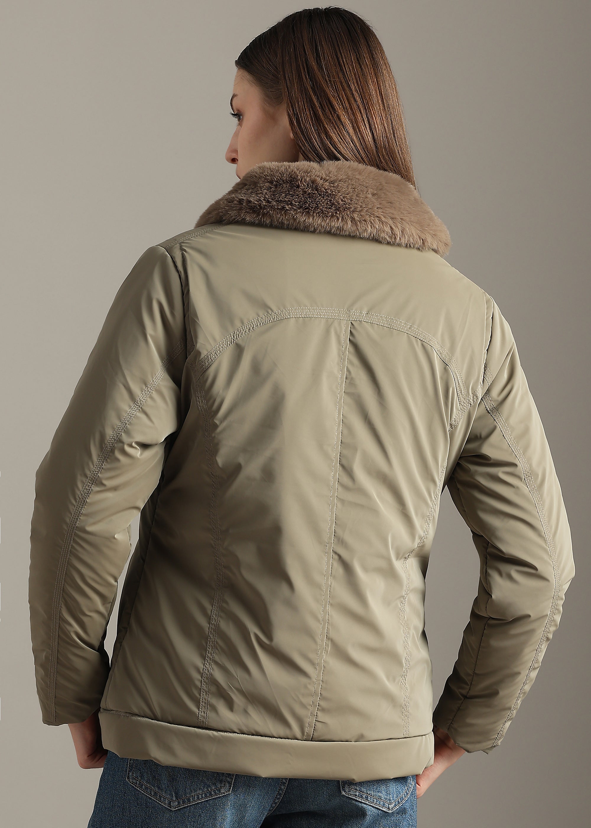 SILVER MINK SOFT SKIN FUR COLLAR FULL SLEEVE JACKET