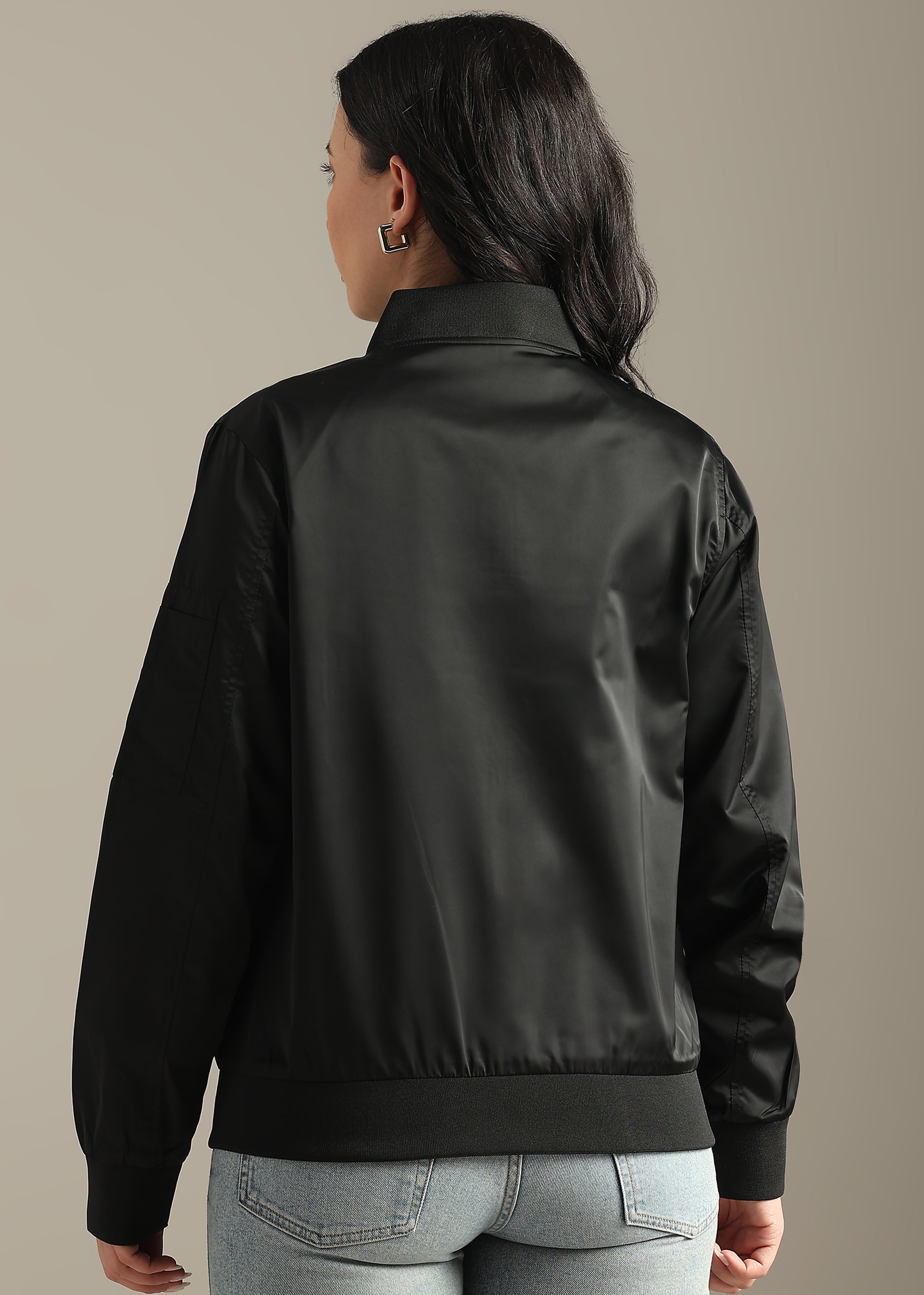 BLACK SATIN BOMBER FULL SLEEVE JACKET