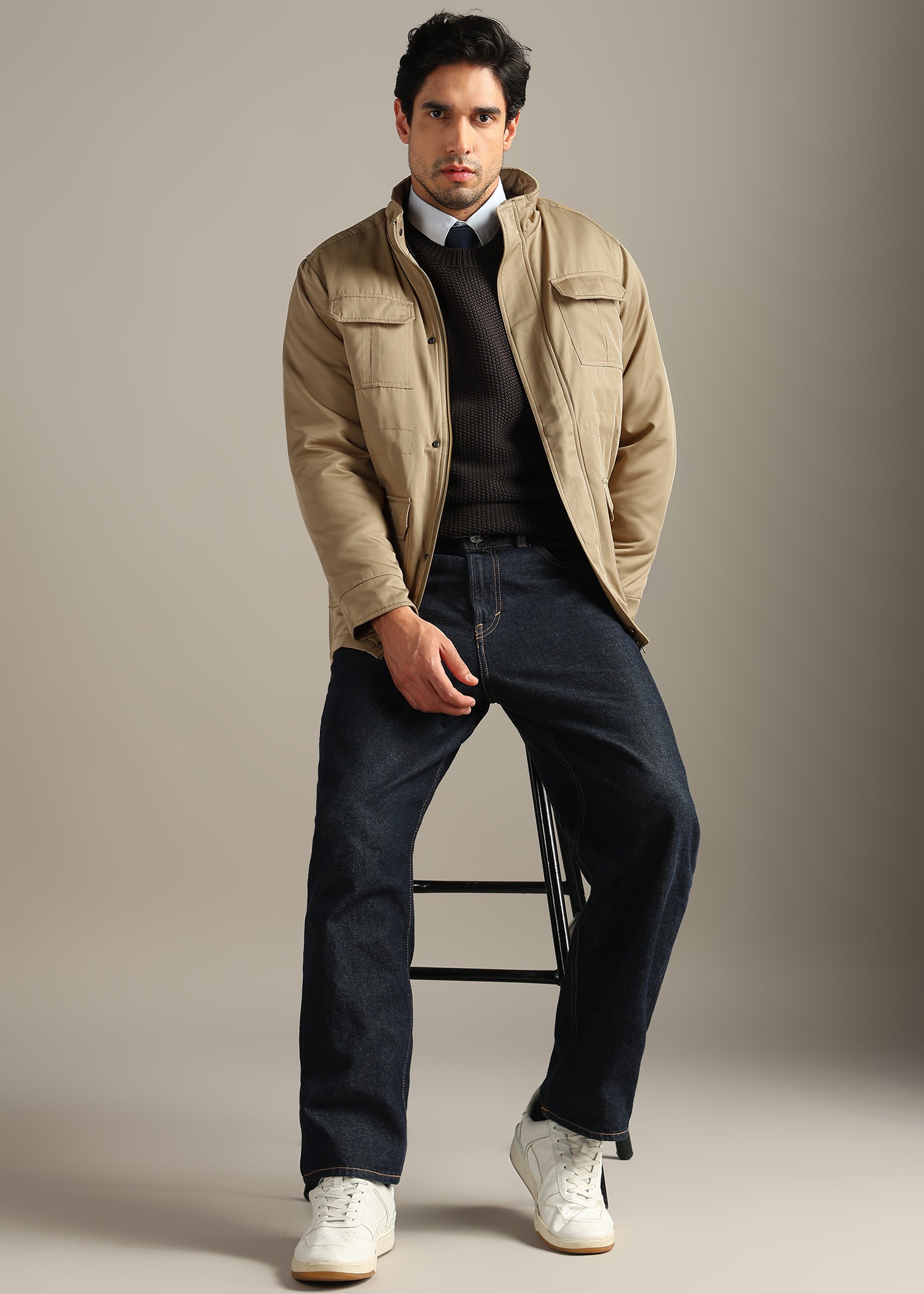 BEIGE SOLID FUR COTTON CARGO FULL SLEEVE JACKET