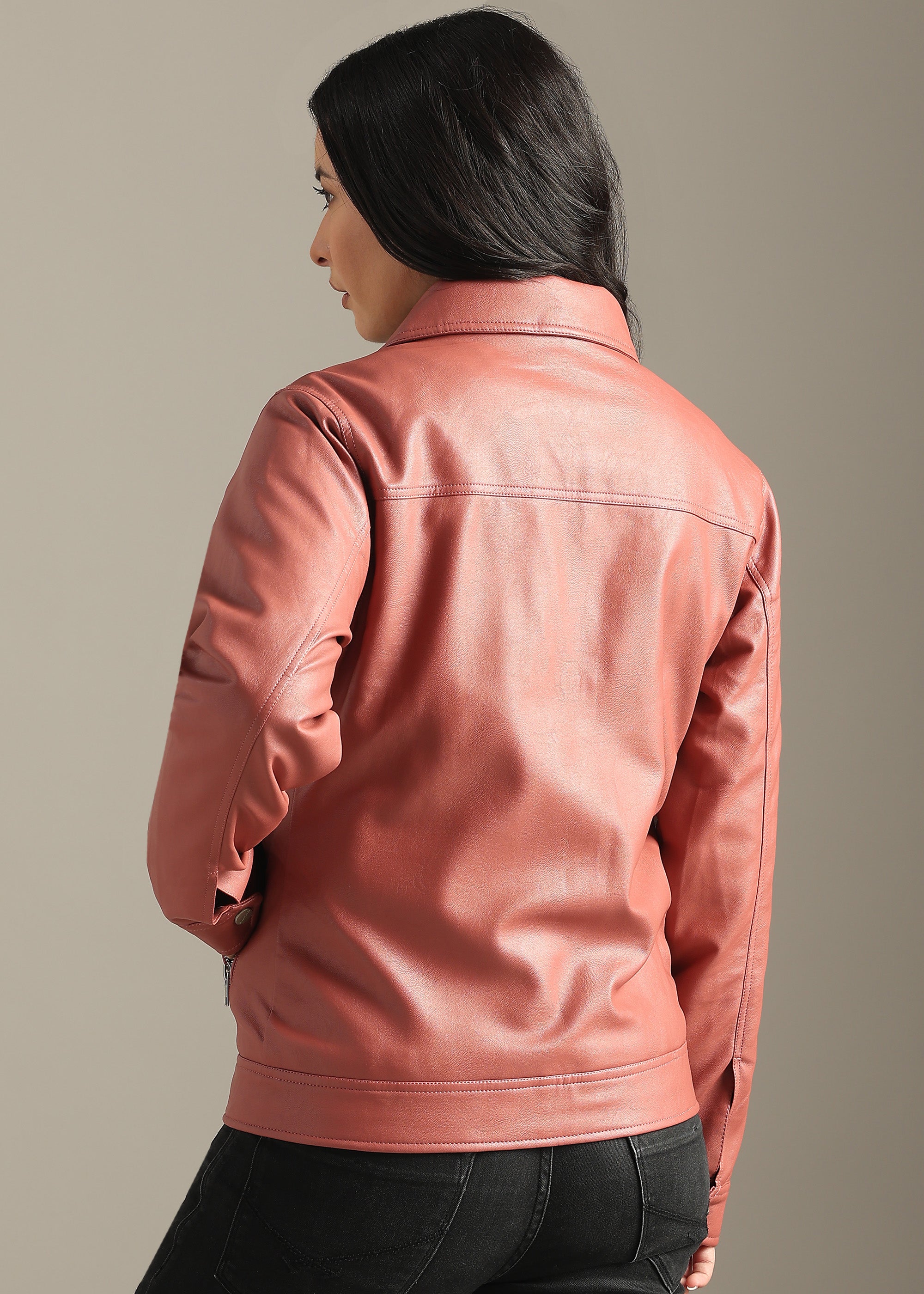 PINK SOLID PU LEATHER FULL SLEEVE JACKET