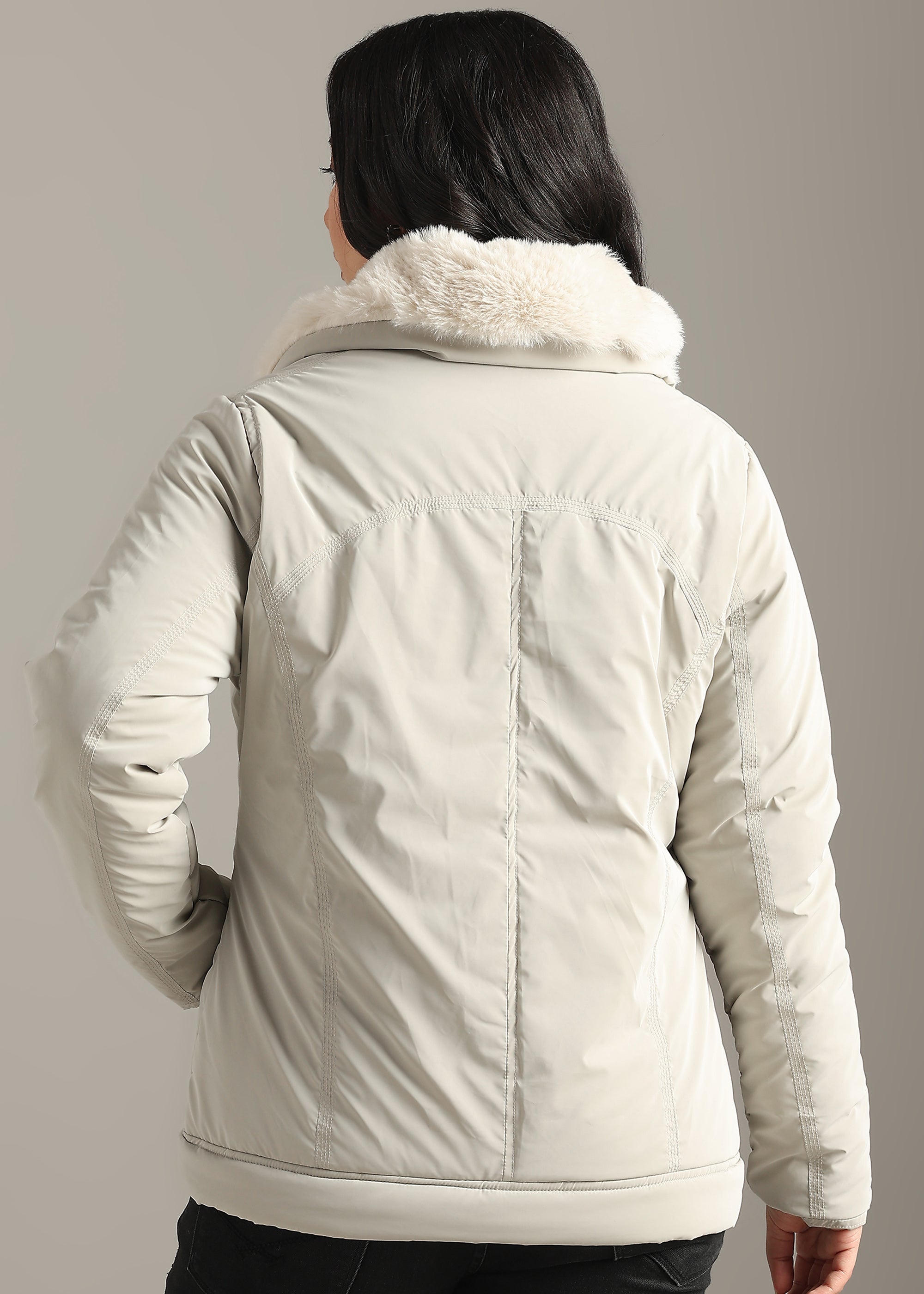 STONE SOFT SKIN FUR COLLAR FULL SLEEVE JACKET