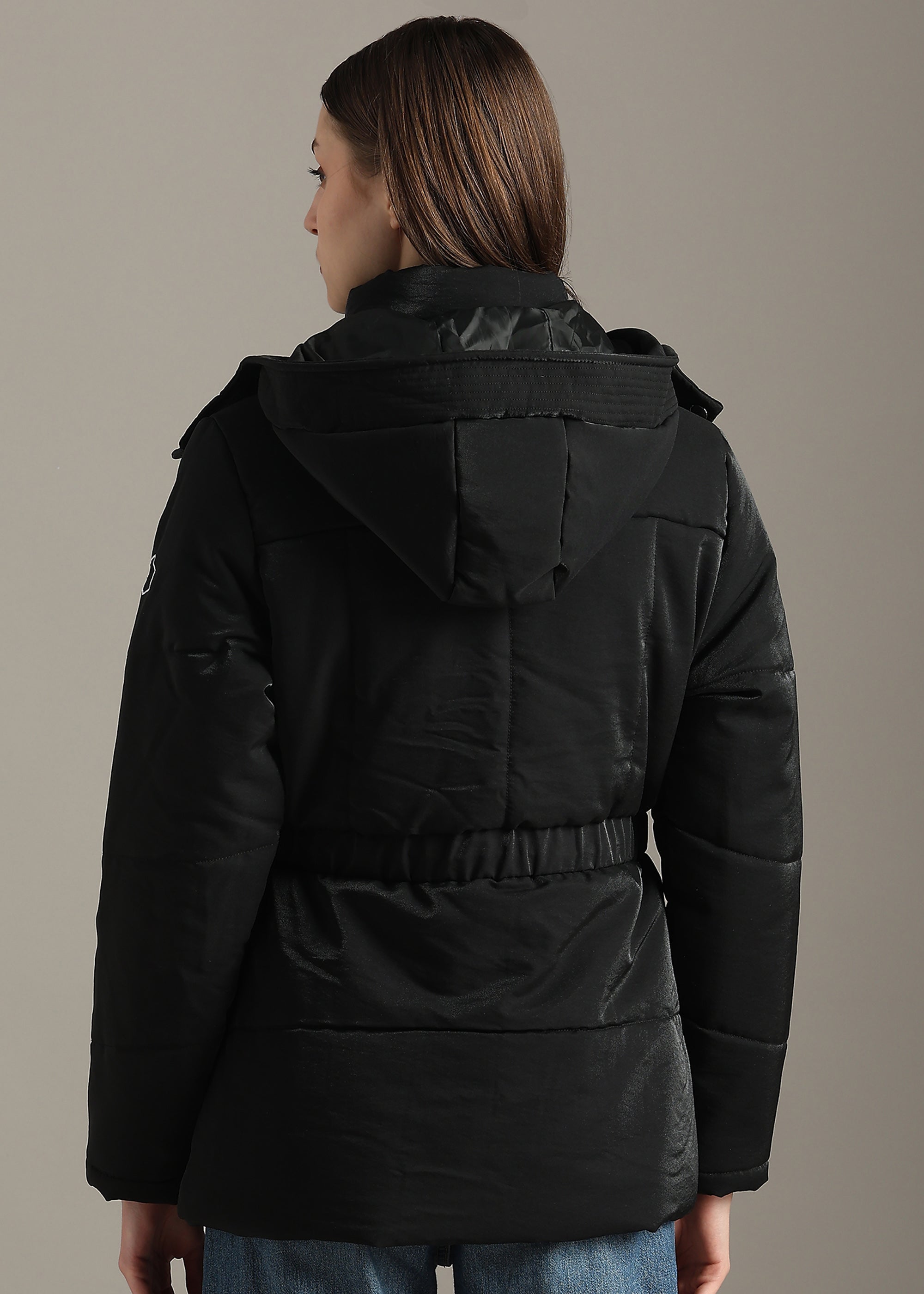 BLACK SOLID PREMIUM SATIN CROPPED FULL SLEEVE JACKET