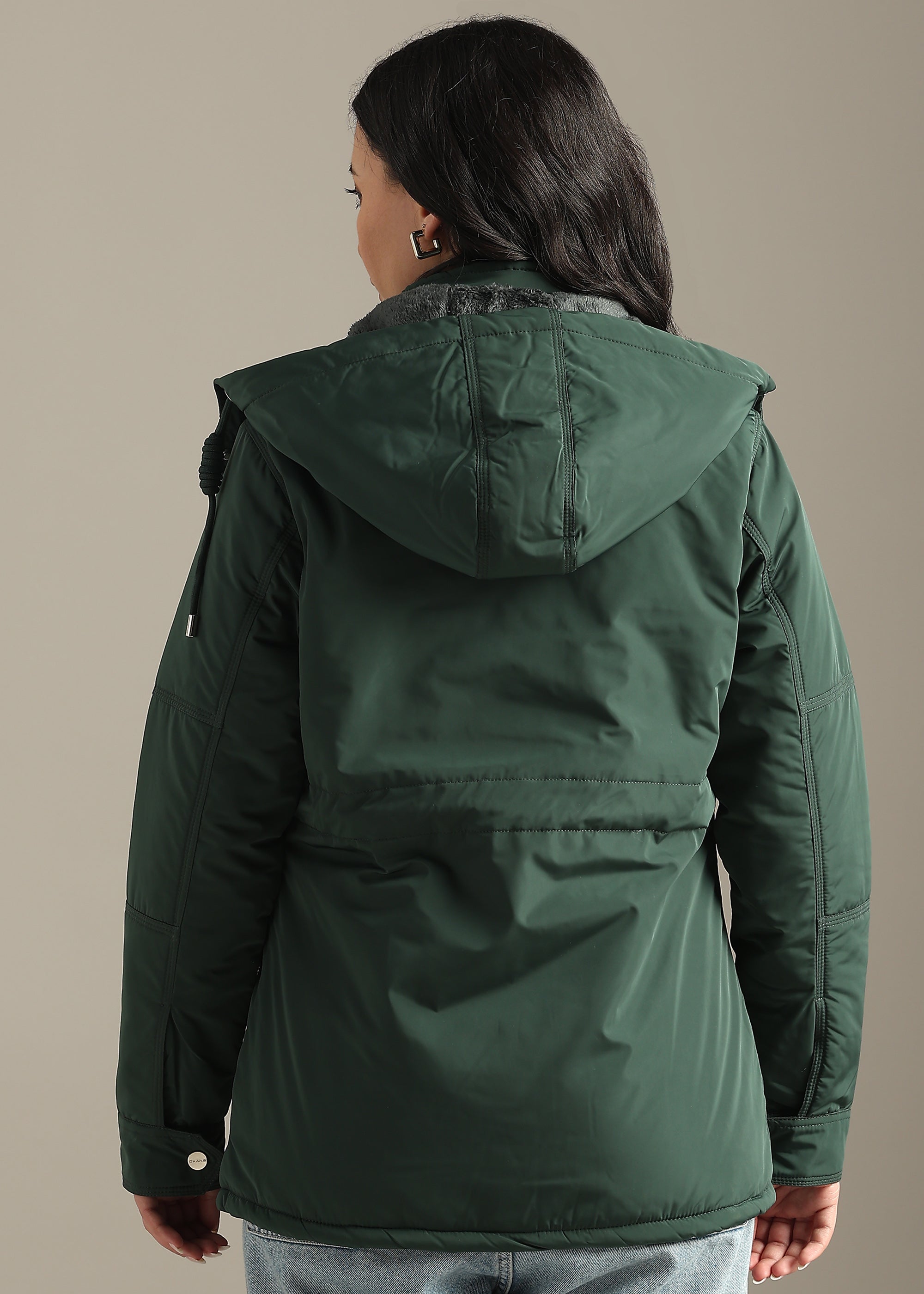 GREEN SOLID FUR PADDED PARKA FULL SLEEVE JACKET