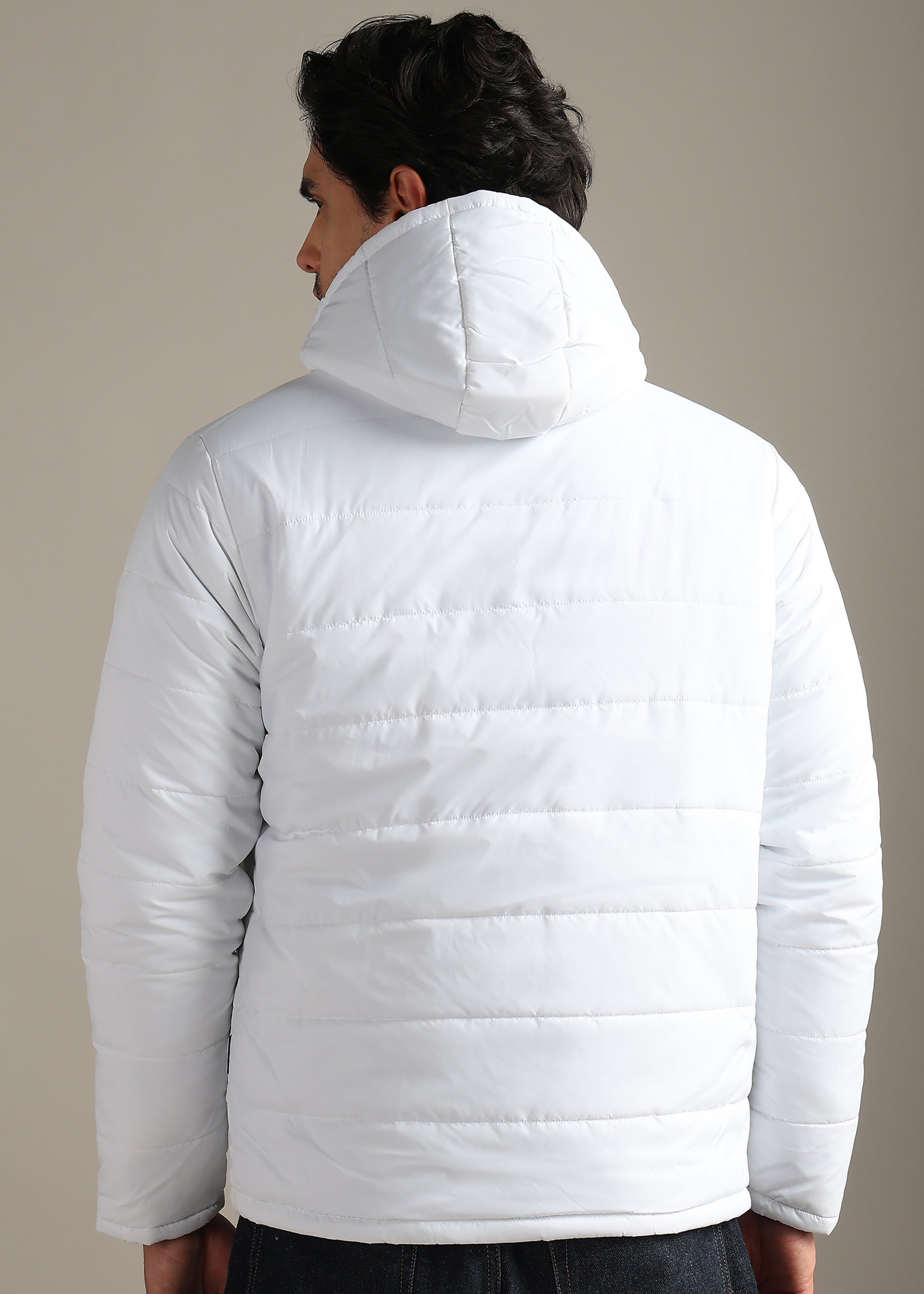 WHITE SOLID NYON FULL SLEEVE REVERSIBLE PUFFER JACKET