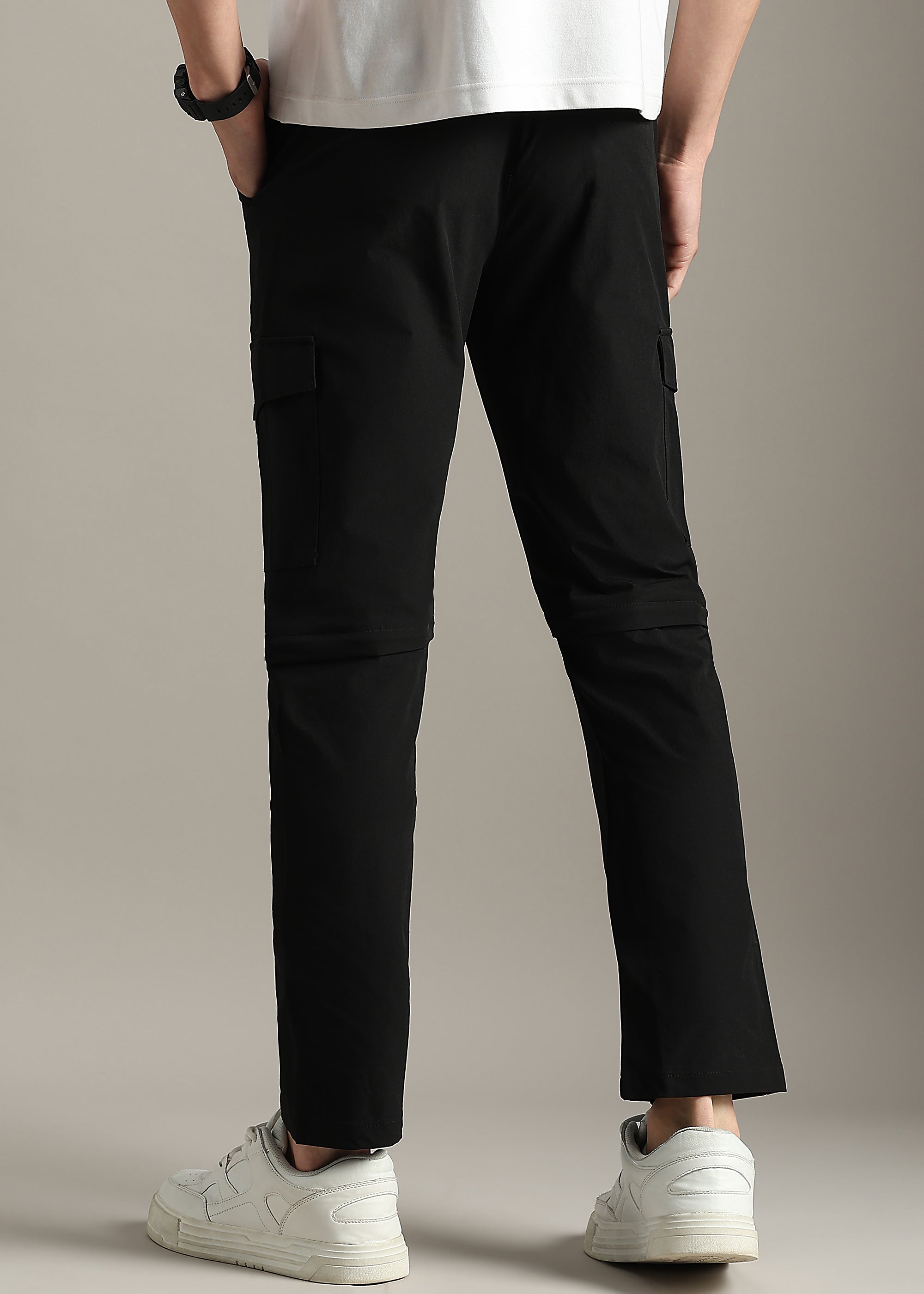 BLACK SOLID POLYSTER ELASTEN CONVERTABLE PANT