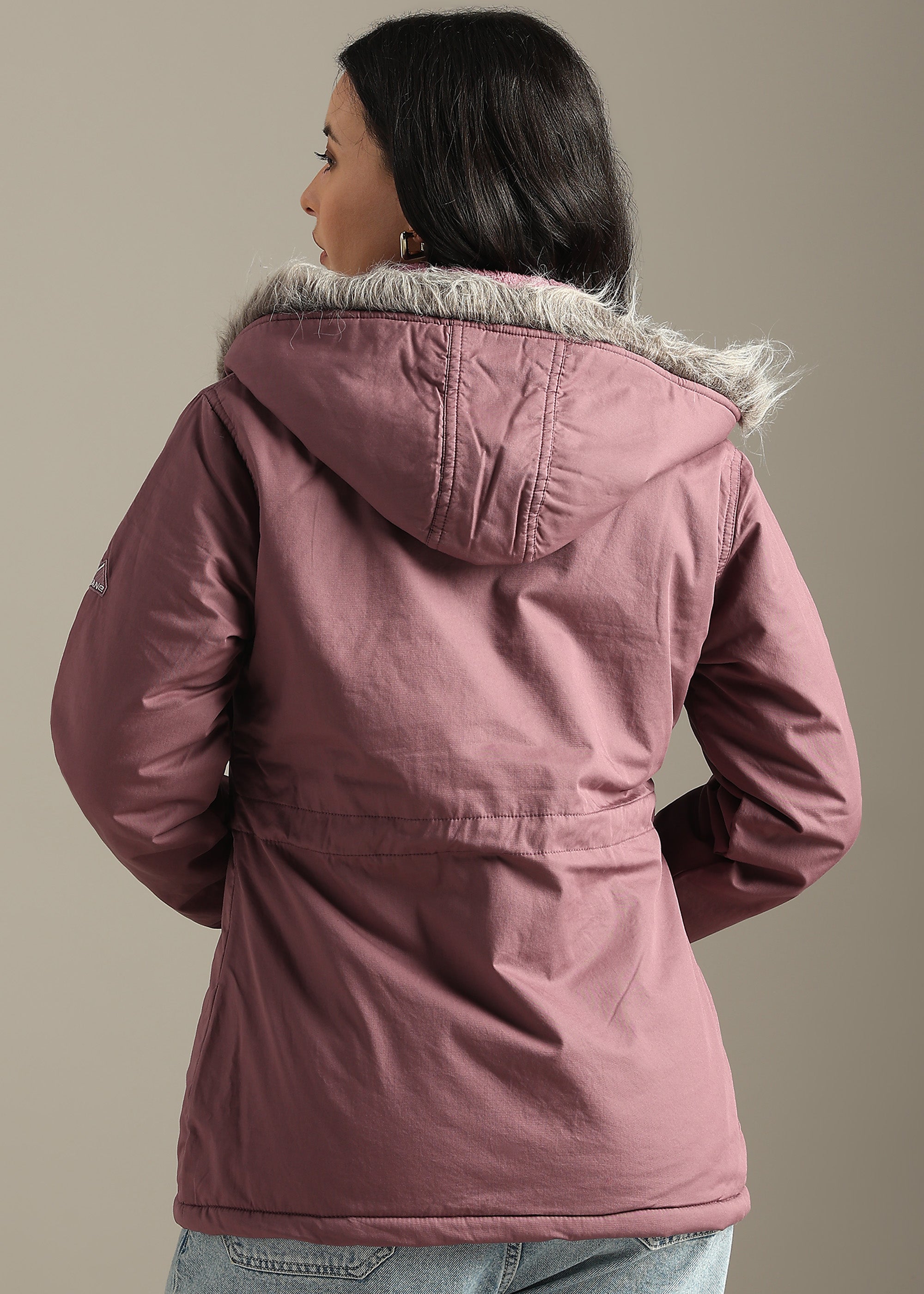 PINK SOLID COTTON UTILITY FUR BACK FULL SLEEVE JACKET