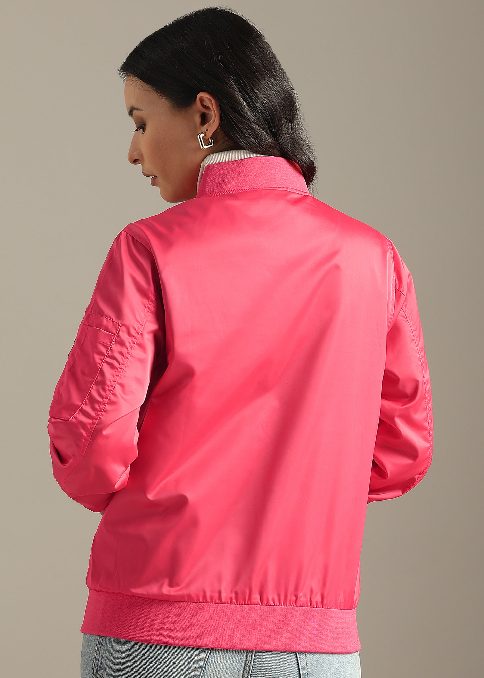 PINK SATIN BOMBER FULL SLEEVE JACKET