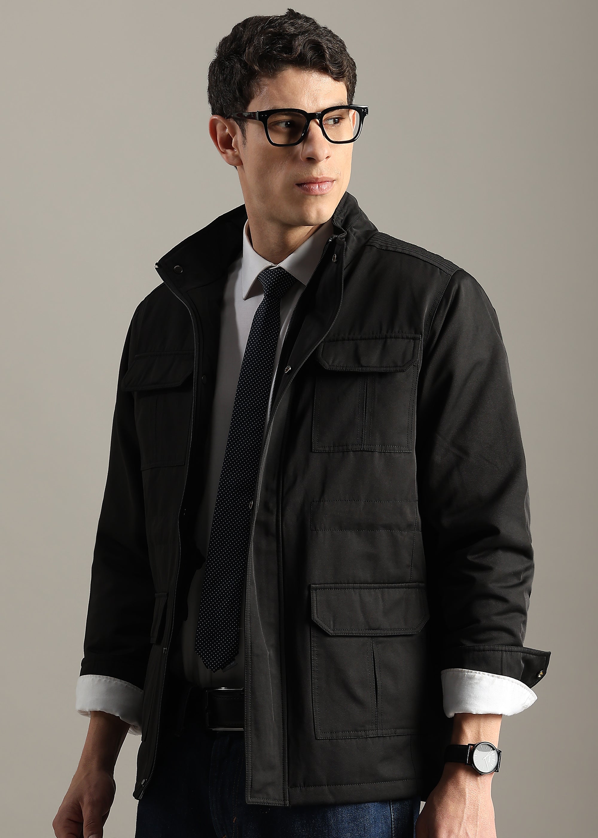 BLACK SOLID FUR COTTON CARGO FULL SLEEVE JACKET