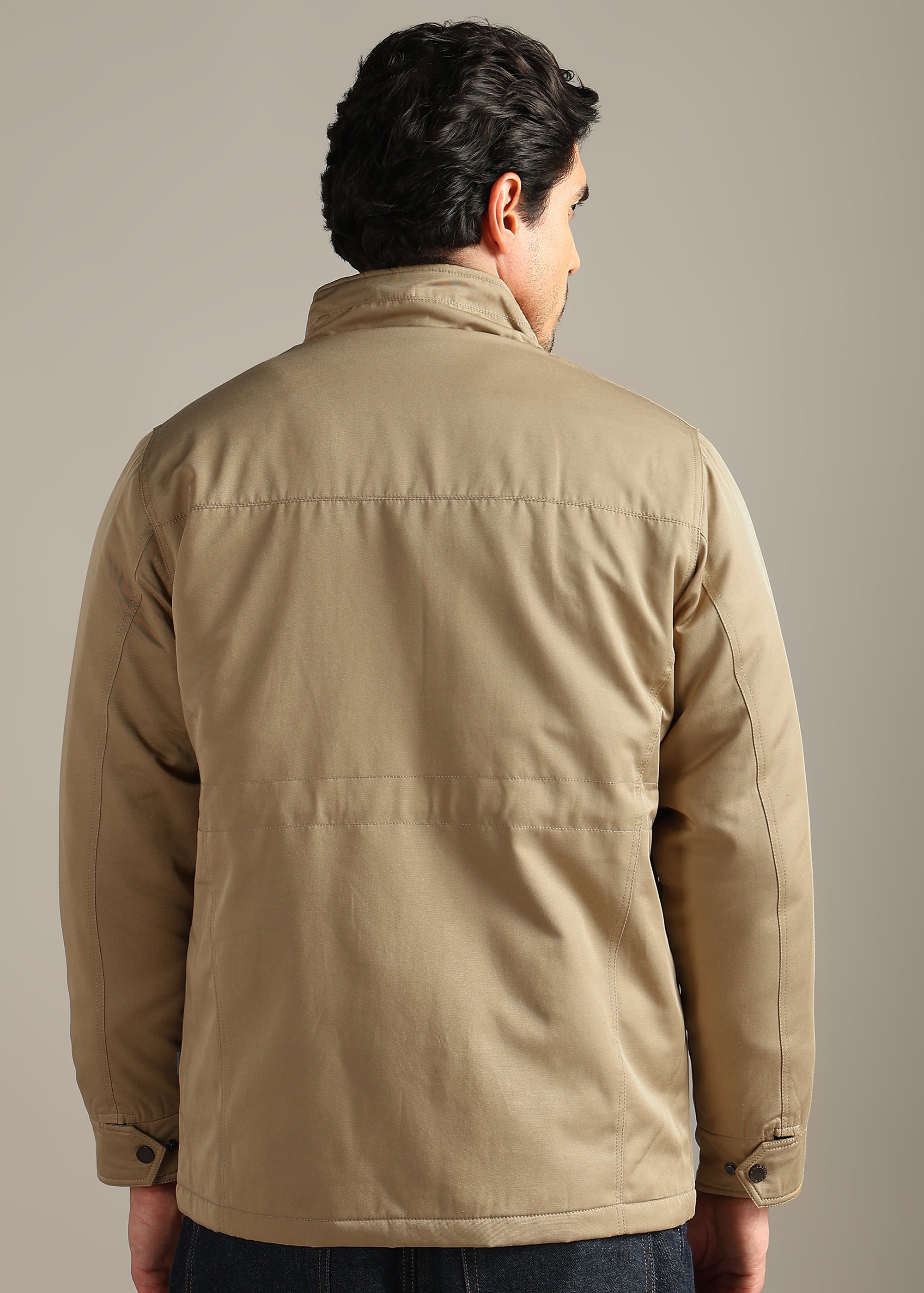 BEIGE SOLID FUR COTTON CARGO FULL SLEEVE JACKET