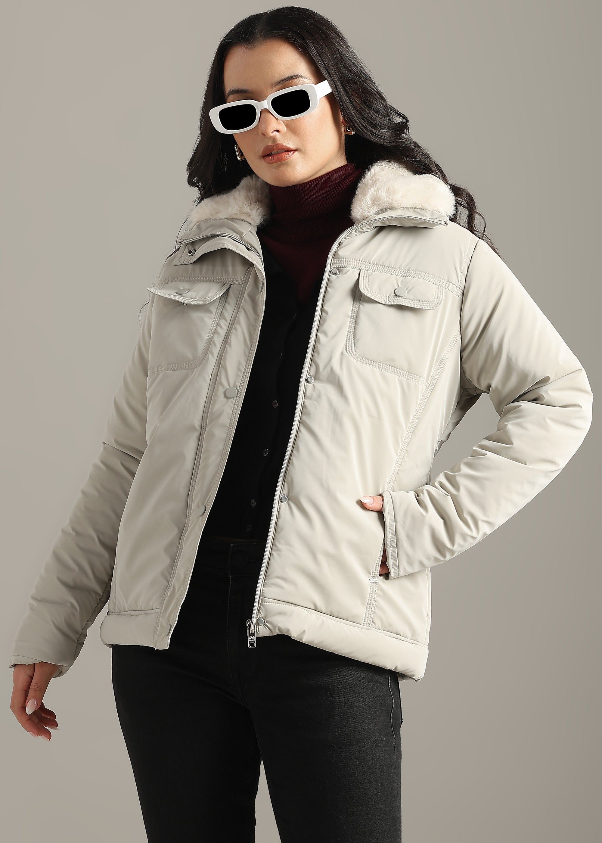 STONE SOFT SKIN FUR COLLAR FULL SLEEVE JACKET