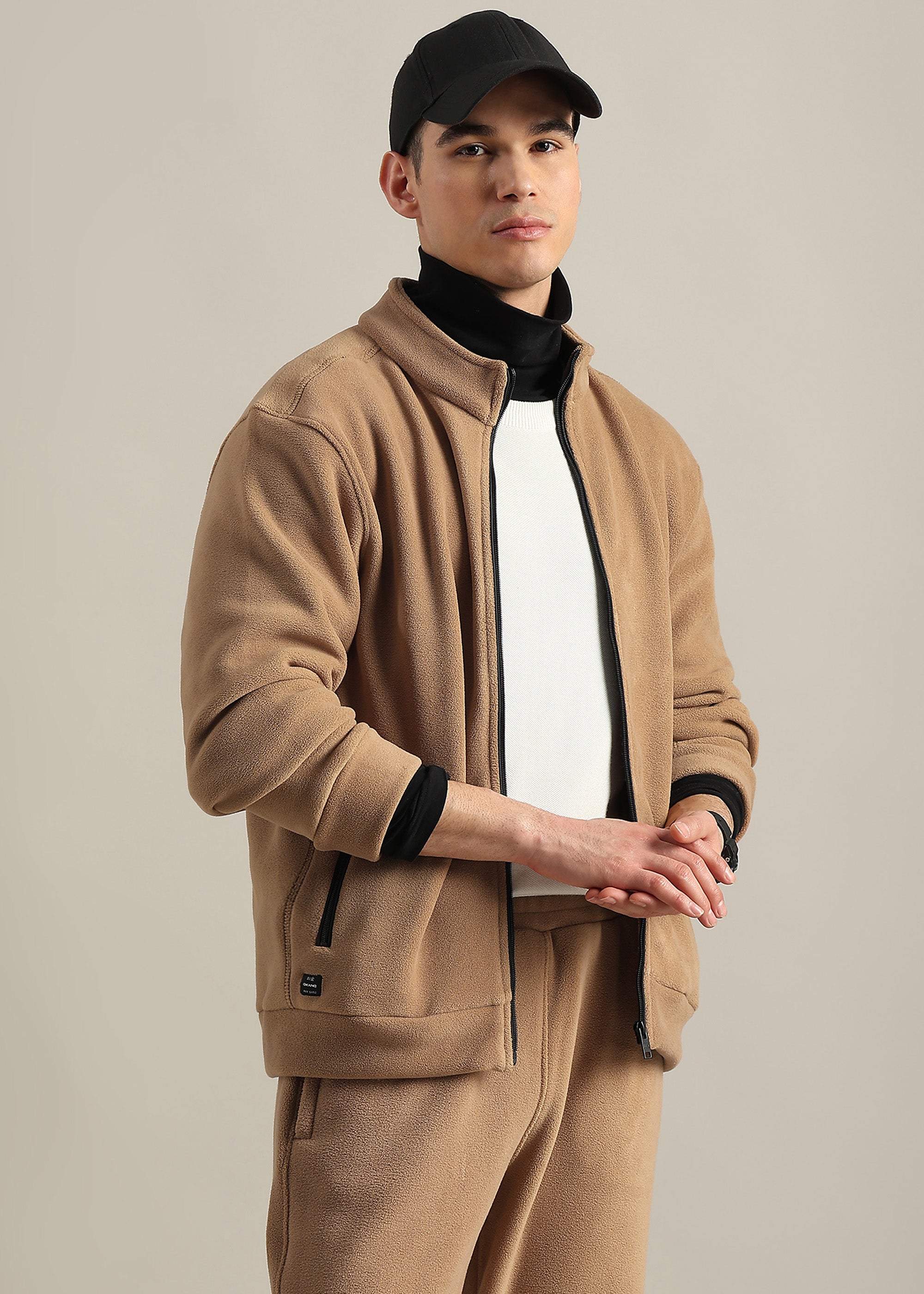 BLACK COTTON BLENDED ZIPPER TRACK-SUIT