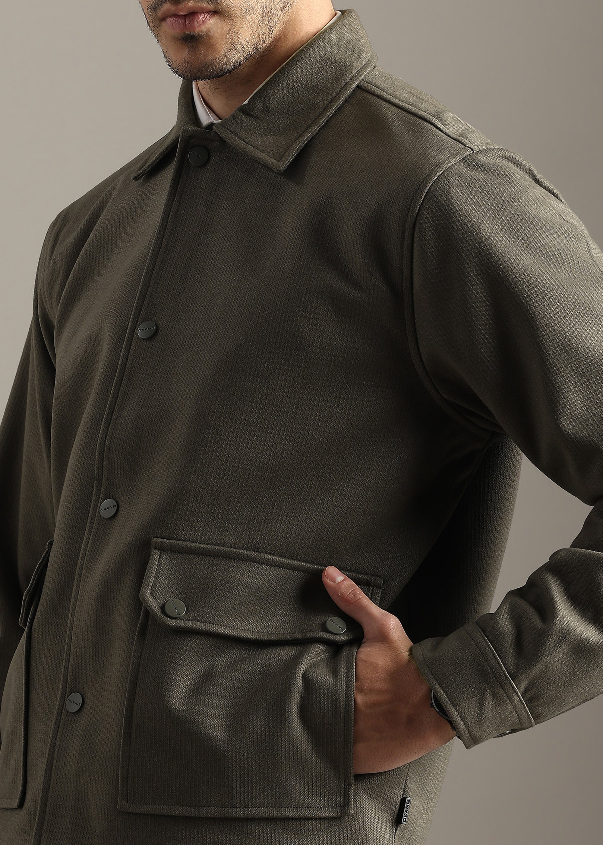 OLIVE STRUCTURED BLOUSON FULL SLEEVE JACKET