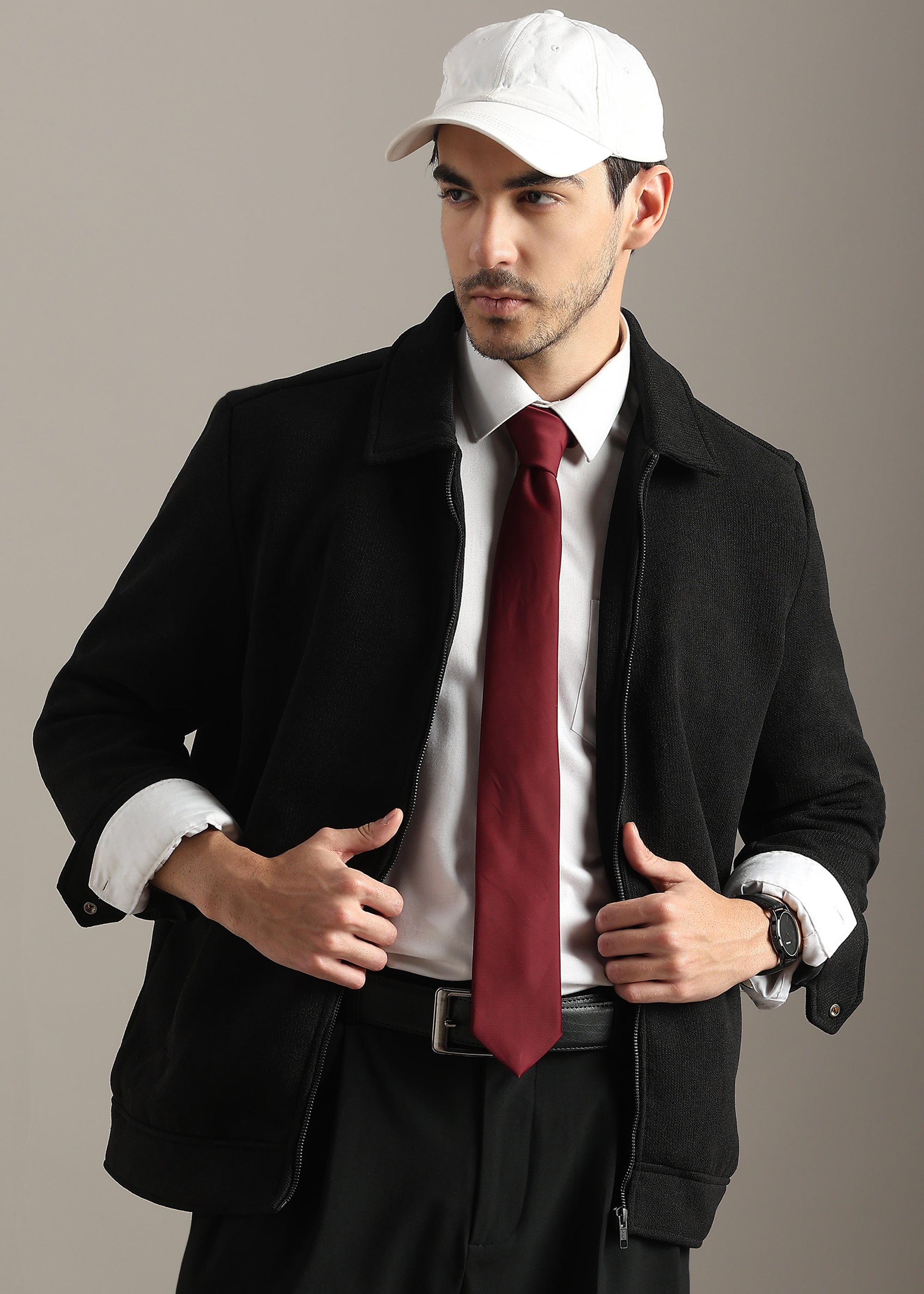 BLACK STRUCTURED BLOUSON FULL SLEEVE JACKET