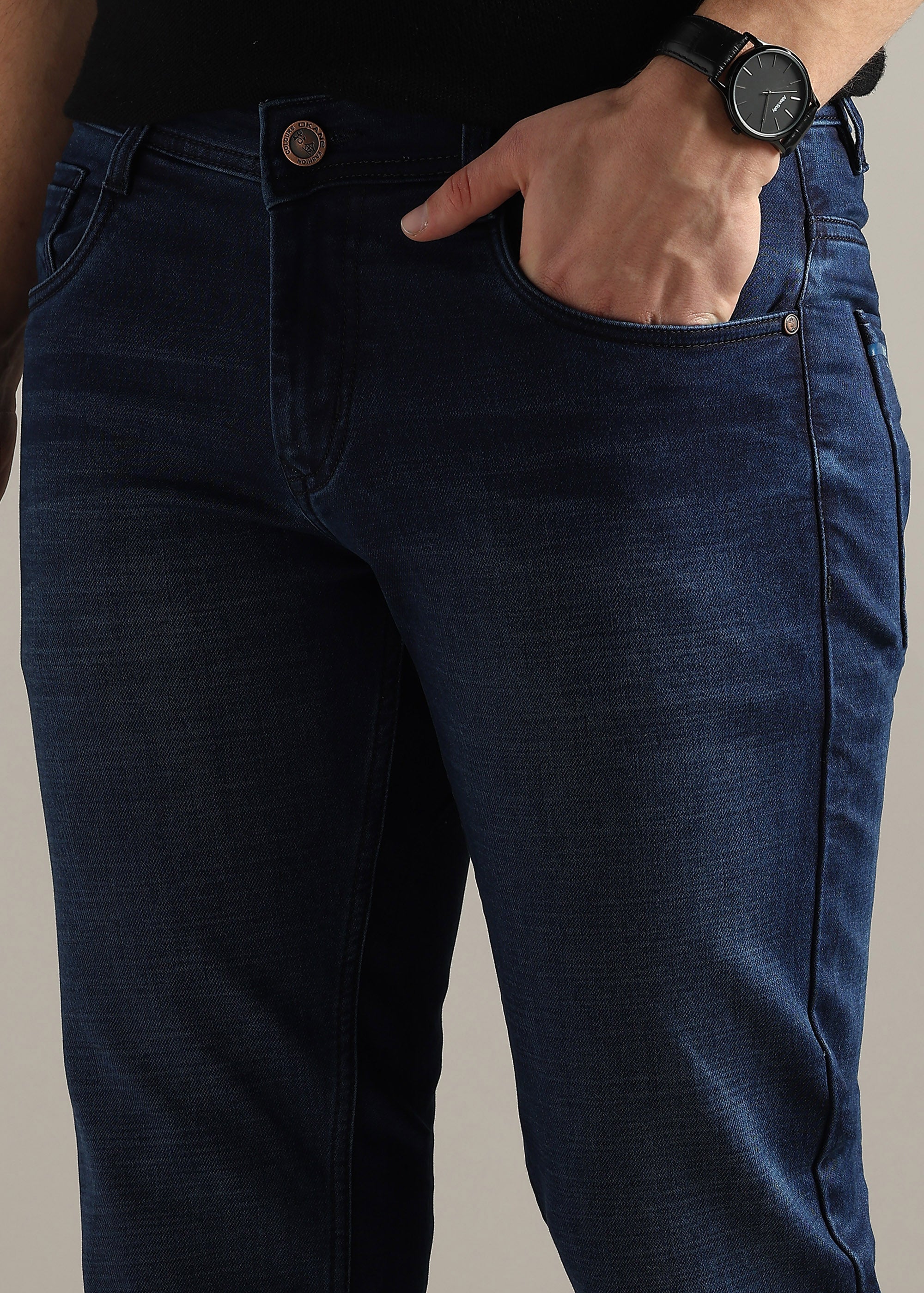 Navy Straight Fit Mid Rise Light Fade Jeans