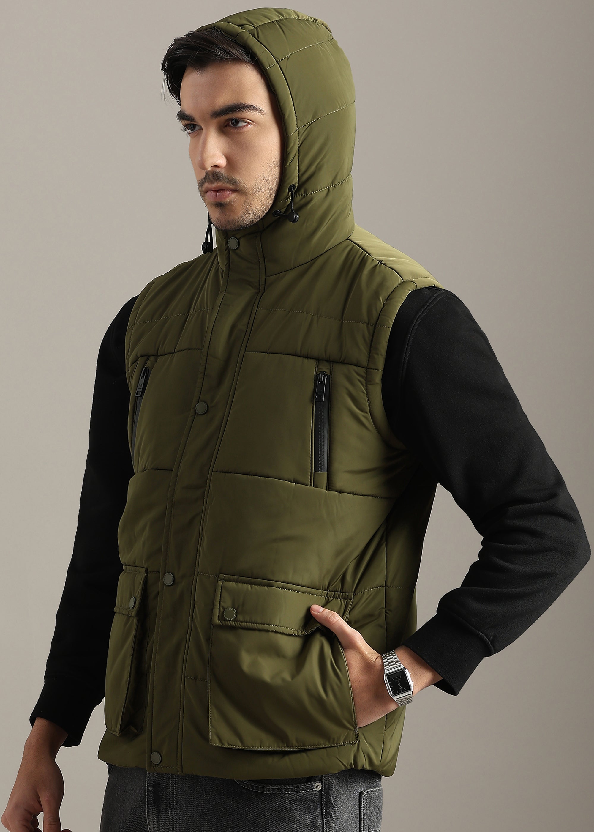 OLIVE SOLID POLYESTER CARGO CHESTER GILET