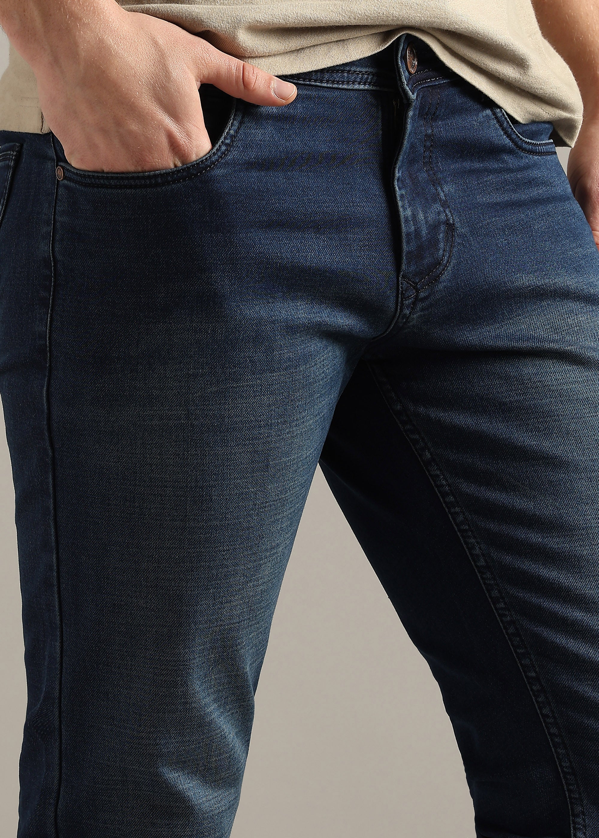 Navy Straight Fit Mid Rise Light Fade Jeans