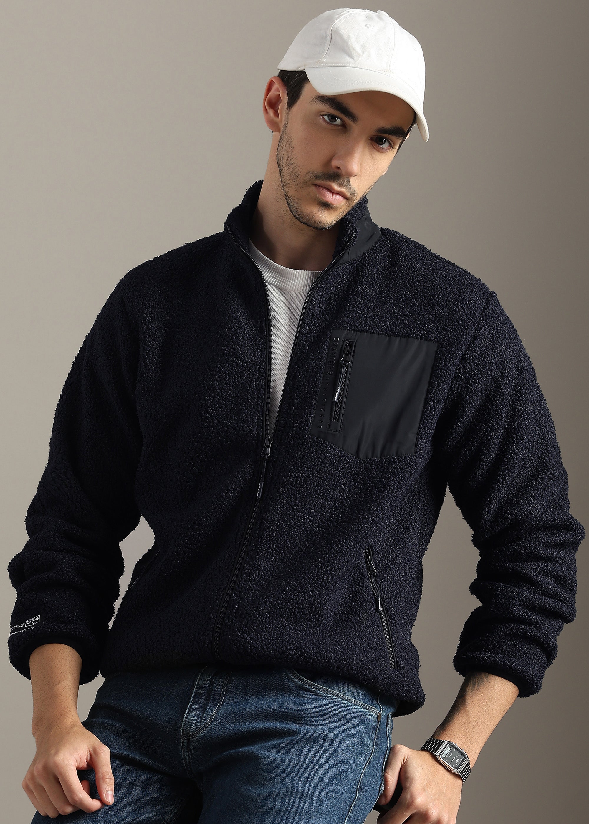 NAVY SOLID FOUX SHEARLING ZIPPER SWEAT SHIRT