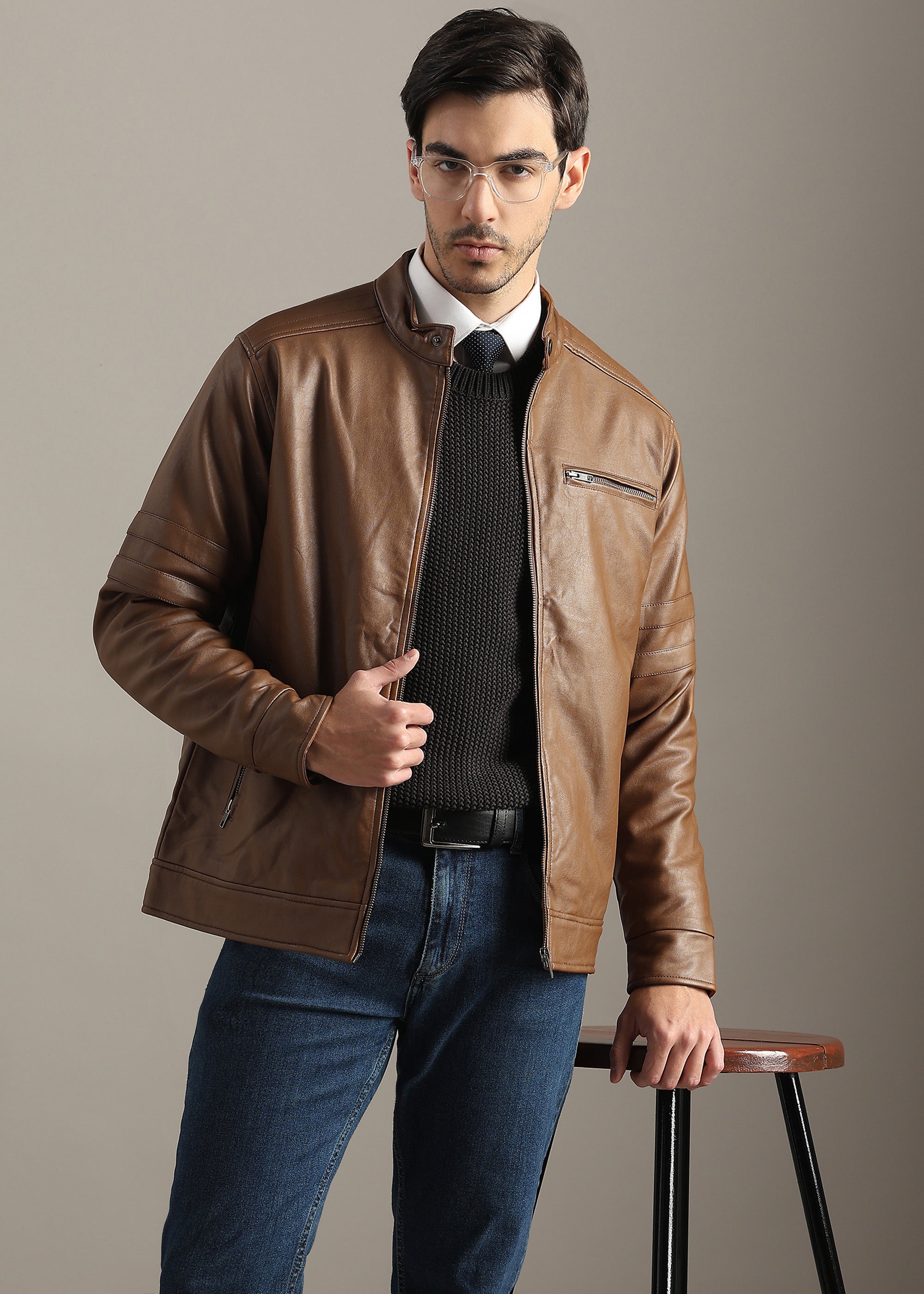 TAN FAUX LEATHER TRIM MANDARIN COLLAR FULL SLEEVE TAILORED JACKET