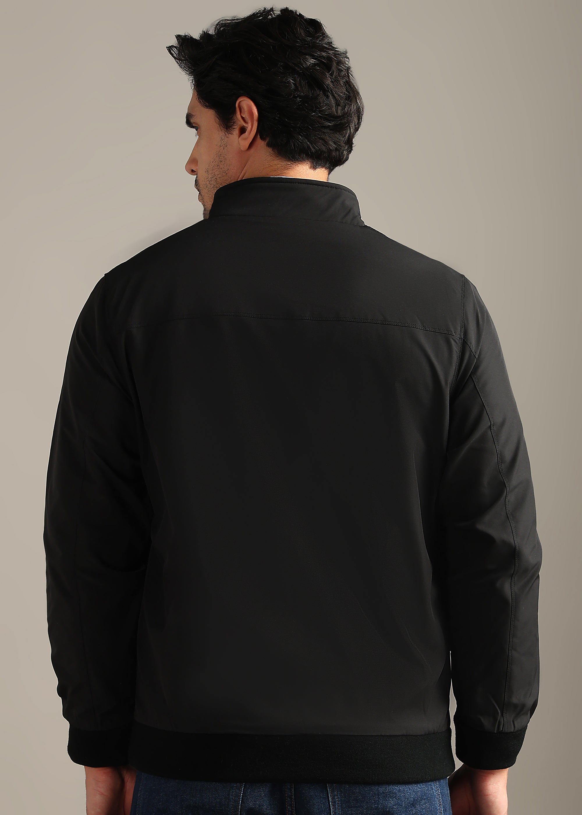 BLACK SOLID REVERSIBLE FULL SLEEVE JACKET WITH ENGINEERED SWEATER