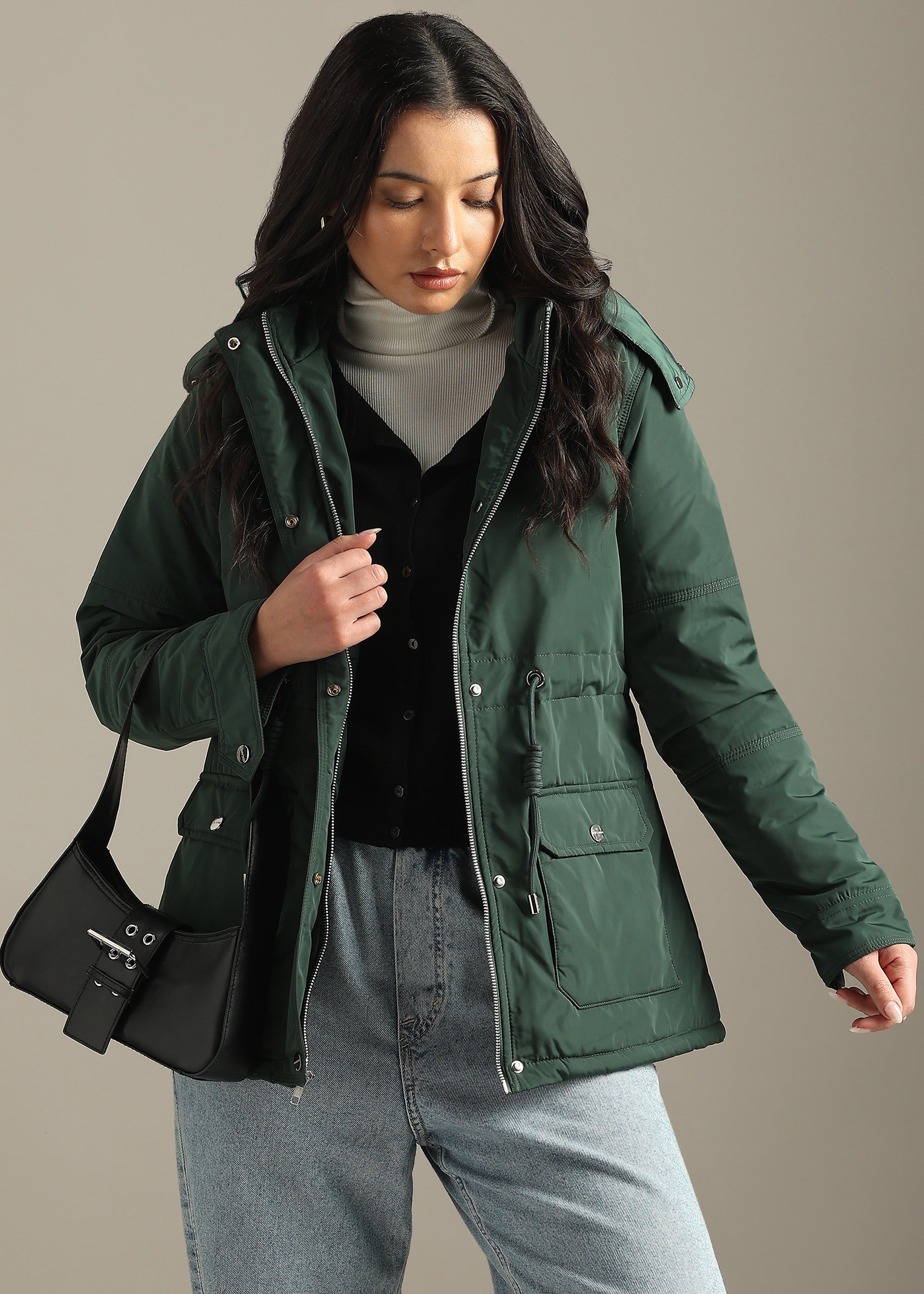 GREEN SOLID FUR PADDED PARKA FULL SLEEVE JACKET