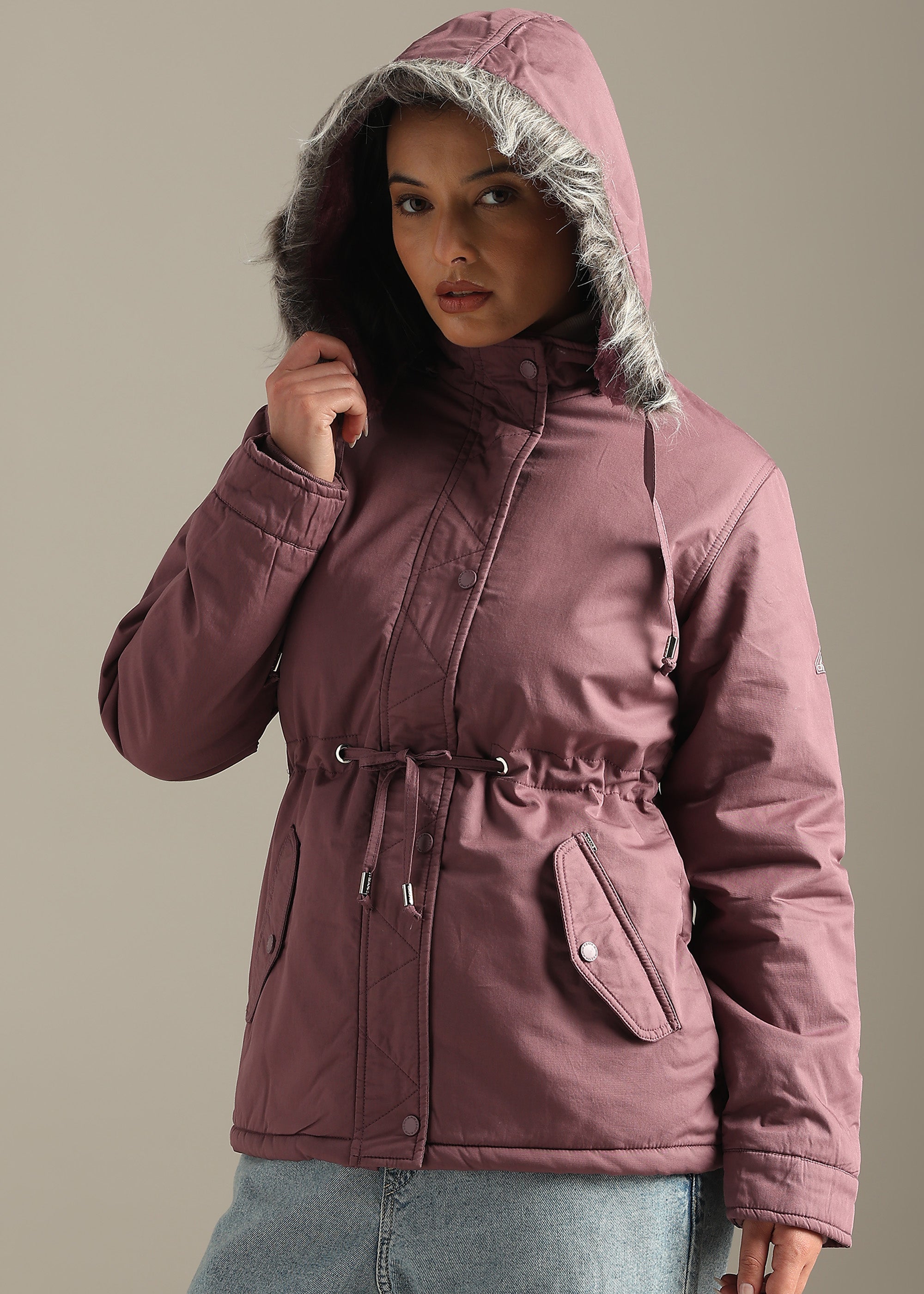 PINK SOLID COTTON UTILITY FUR BACK FULL SLEEVE JACKET