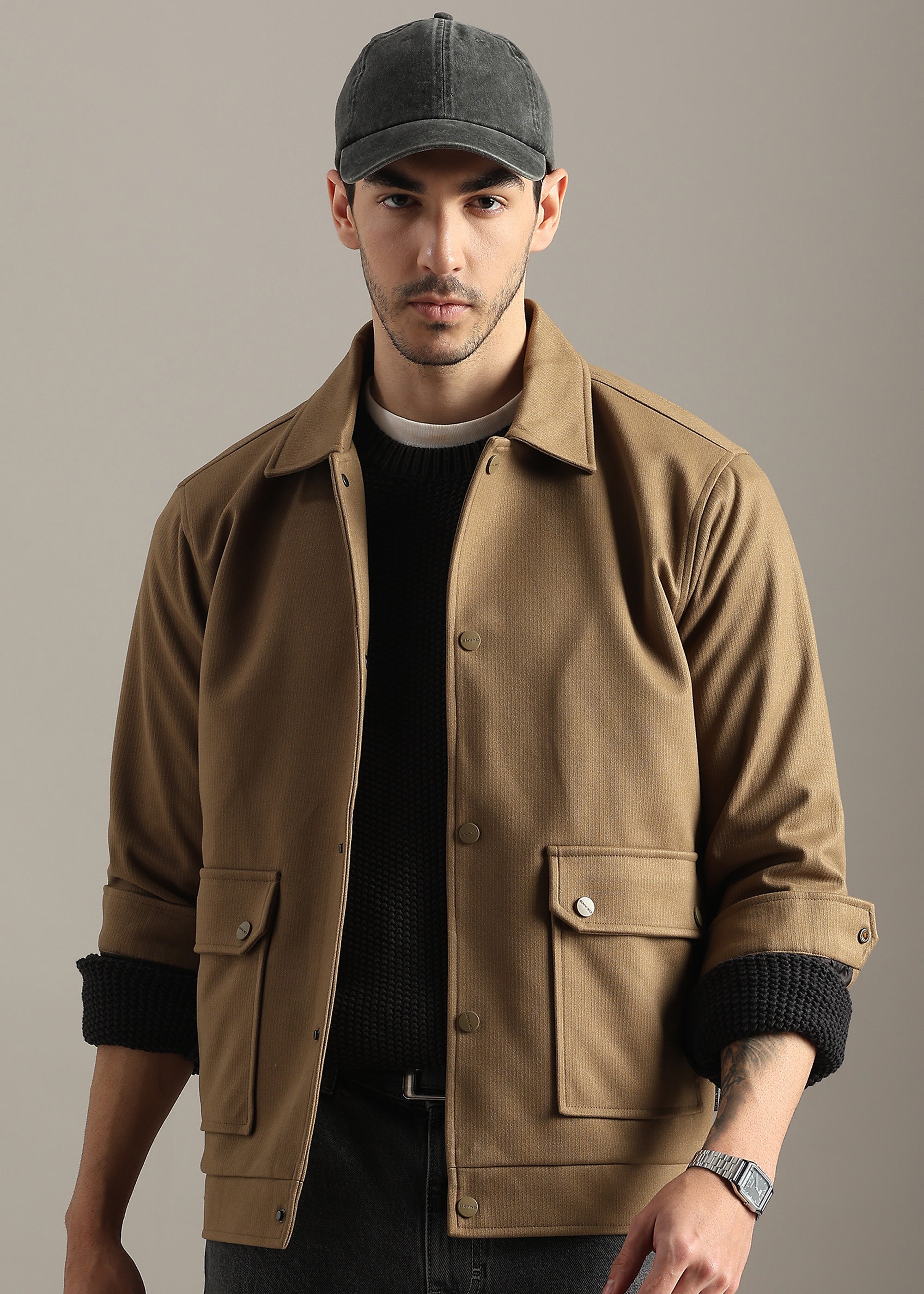 CAMEL STRUCTURED BLOUSON FULL SLEEVE JACKET