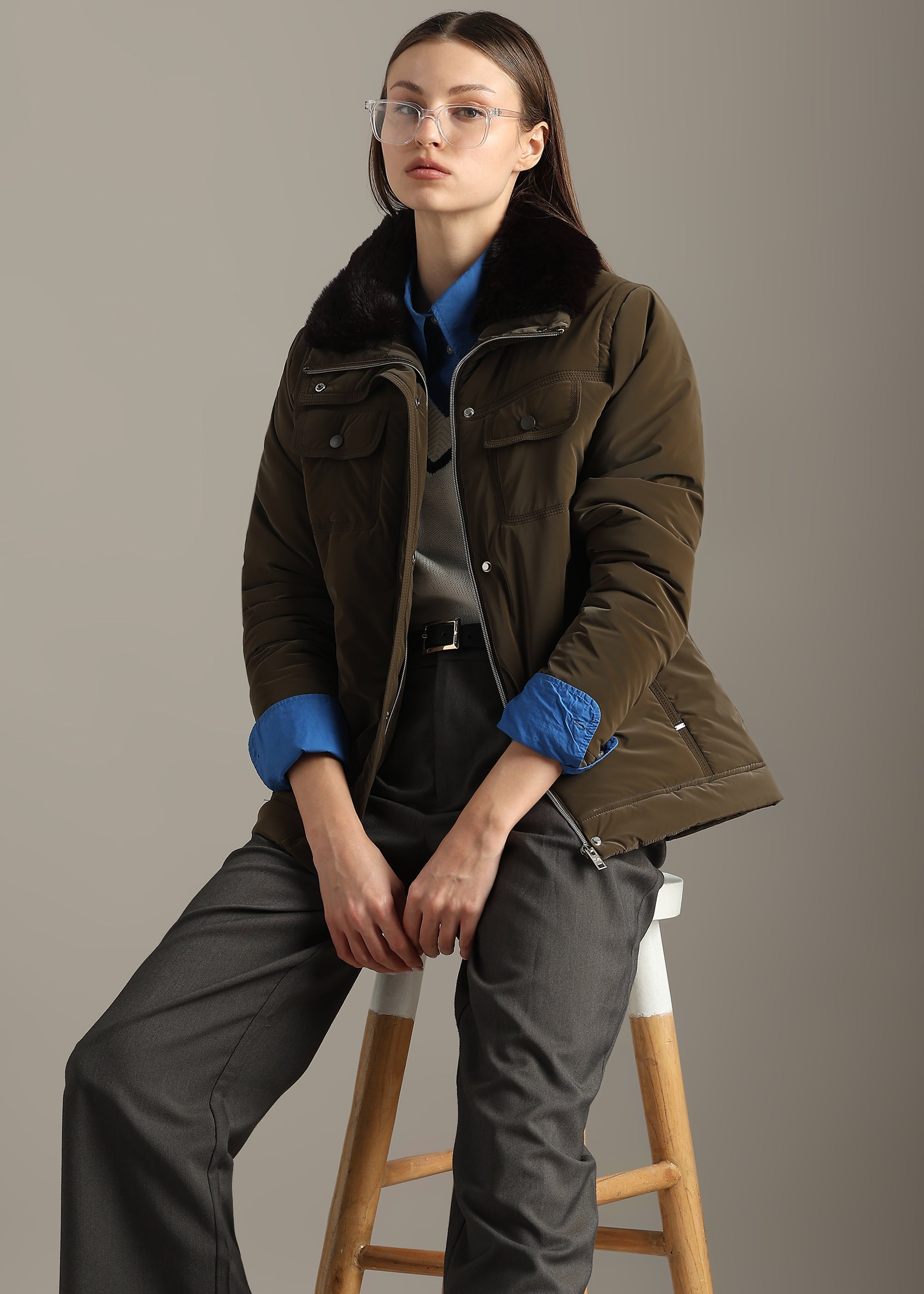COFFEE SOFT SKIN FUR COLLAR FULL SLEEVE JACKET