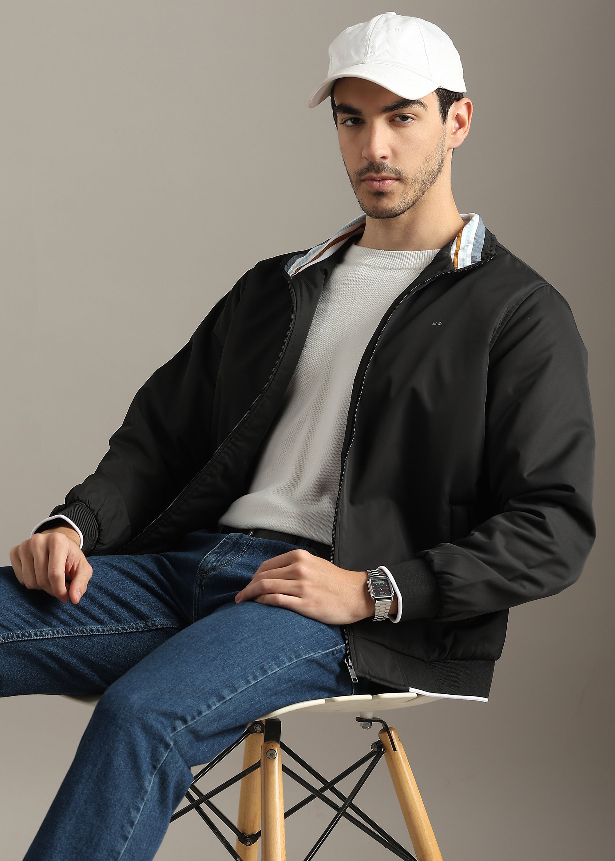 BLACK SOLID PREMIUM HARRINGTON NYLON FULL SLEEVE JACKET