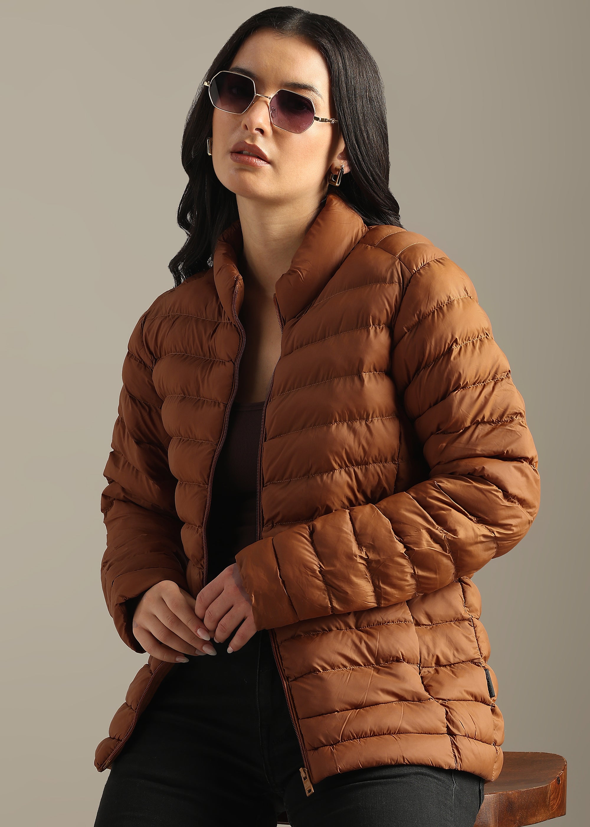 TAN SOLID POLYESTER PUFFER FULL SLEEVE JACKET