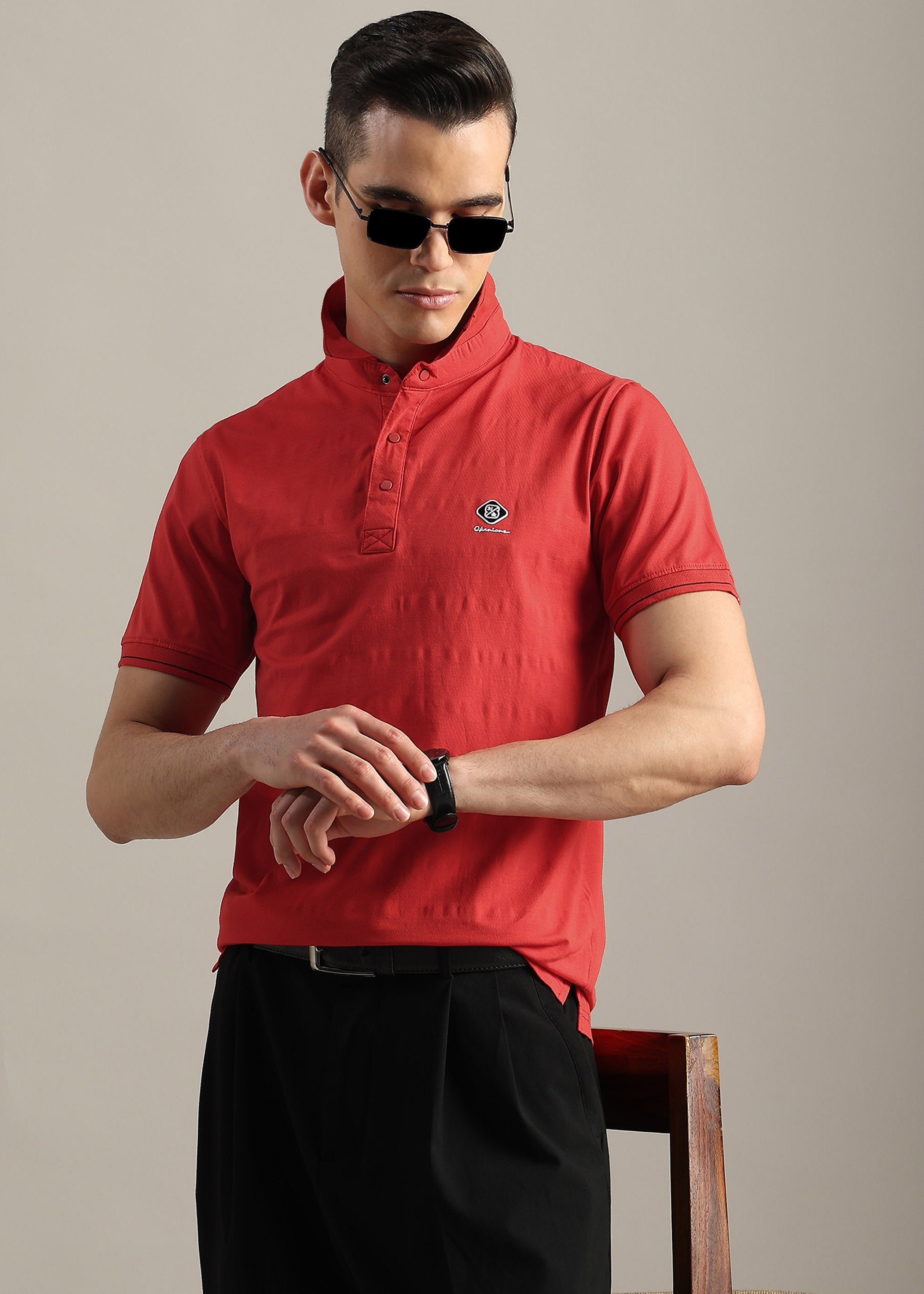 RED SOLID COTTON ELASTANE POLO TEE