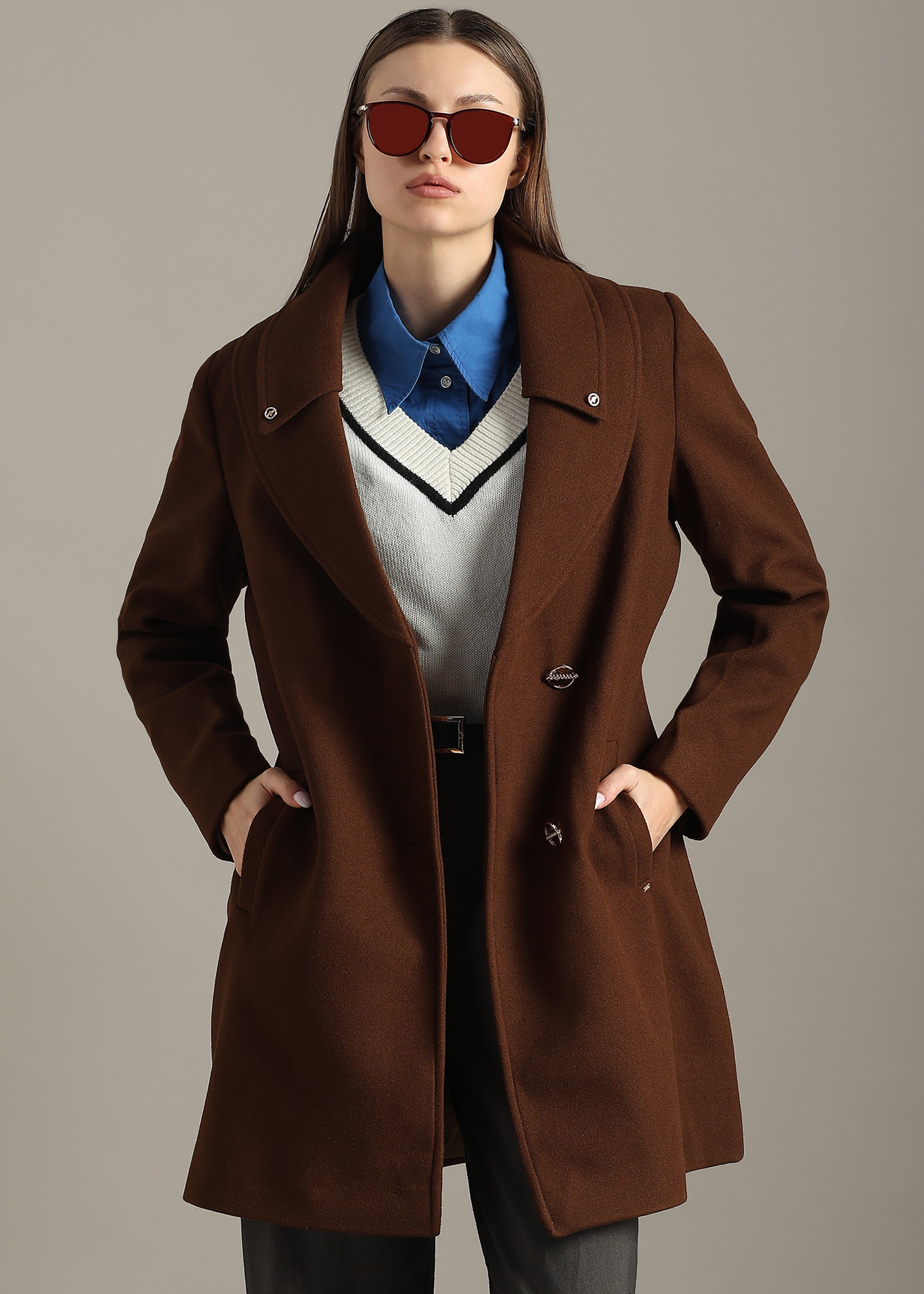 COFFEE SOLID FORMAL DOUBLE BREASTED OVER COAT