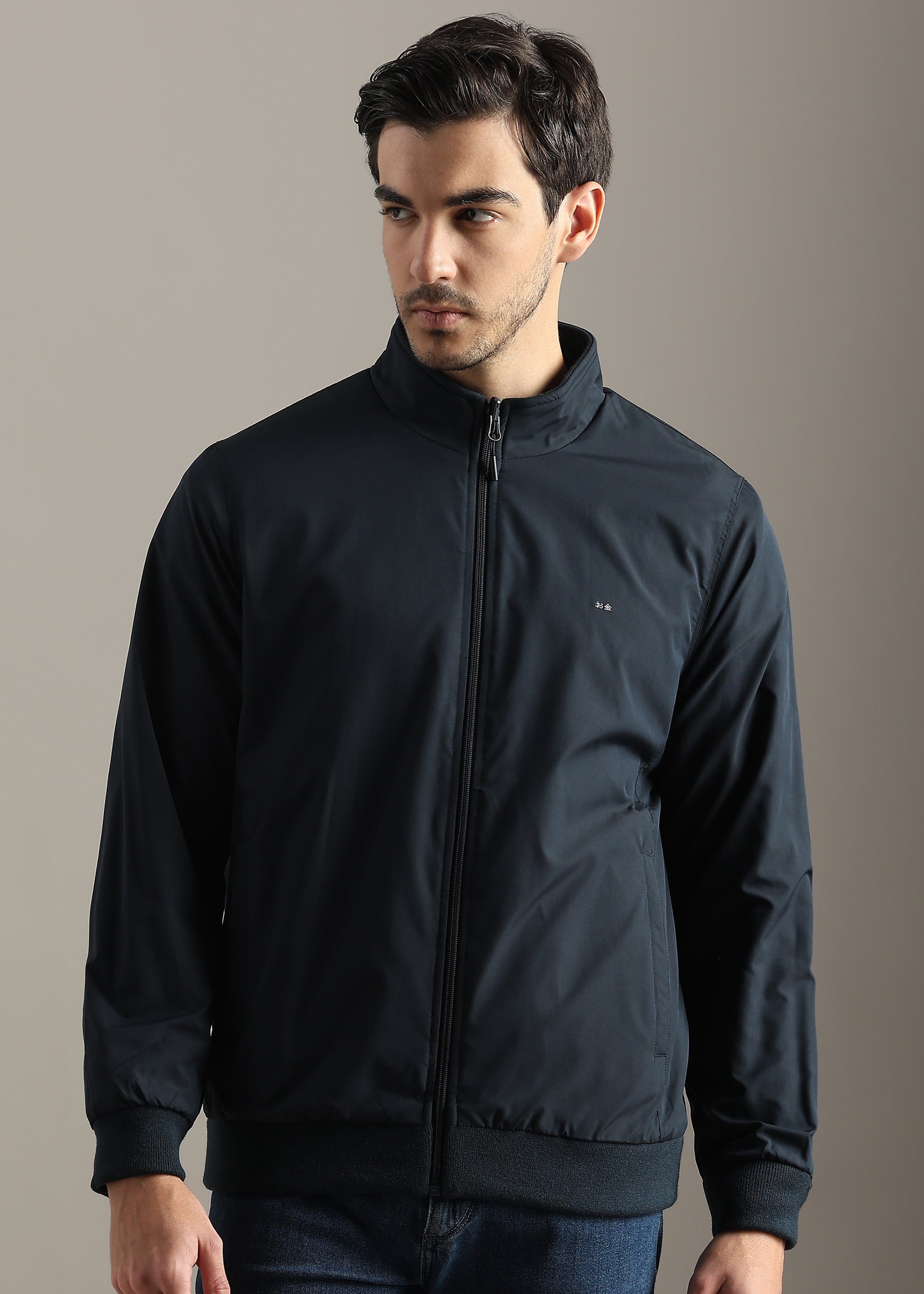 NAVY SOLID REVERSIBLE FULL SLEEVE JACKET WITH ENGINEERED SWEATER