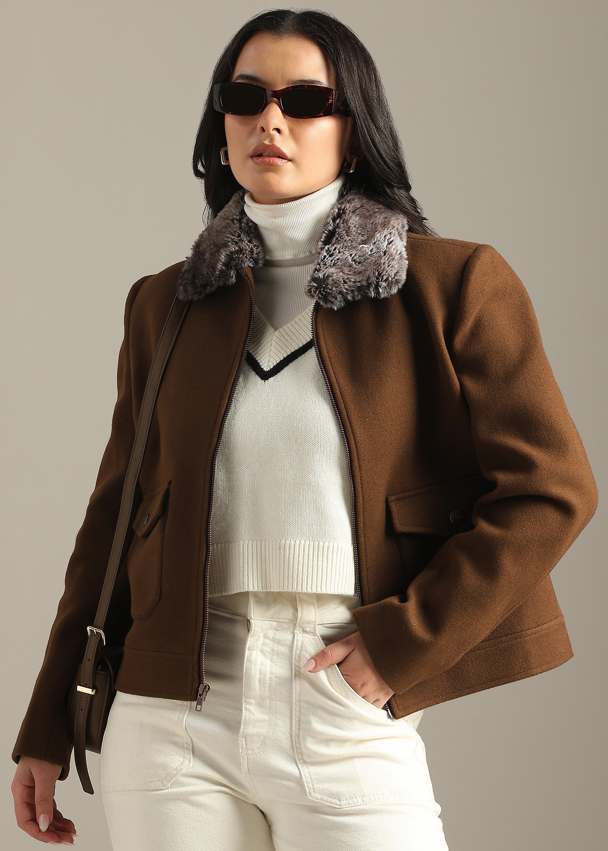COFFEE DETACHABLE FUR BLOUSON COAT