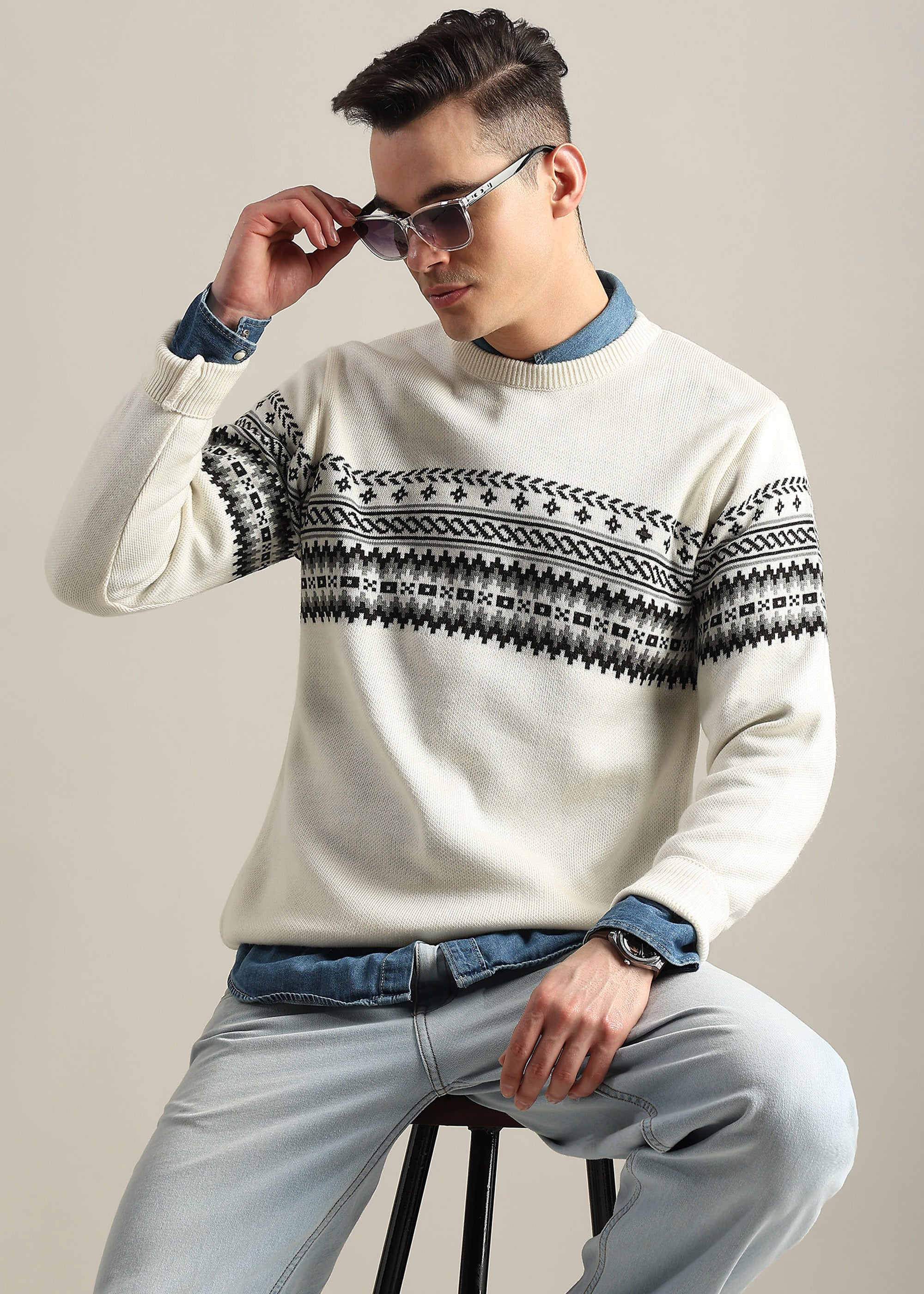 WHITE STRUCTURED CREW NECK SWEATER