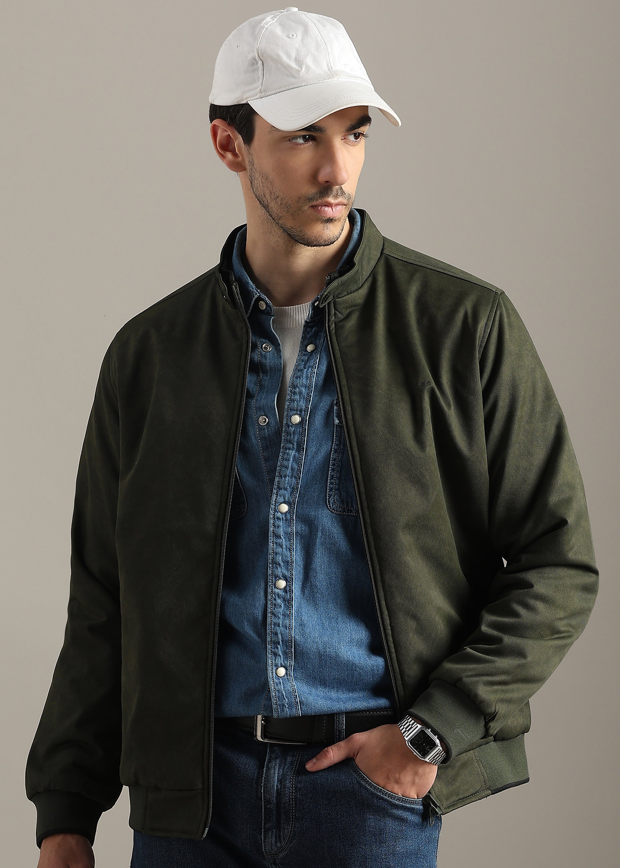 OLIVE SOLID REVERSIBLE TEXTURED FULL SLEEVE JACKET