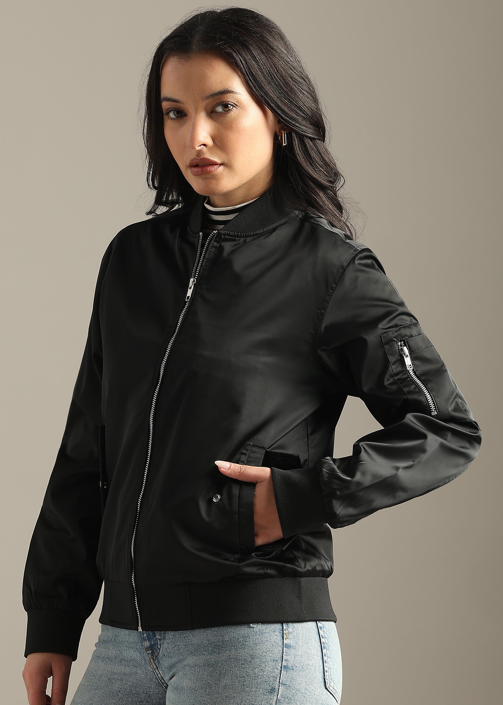 BLACK SATIN BOMBER FULL SLEEVE JACKET
