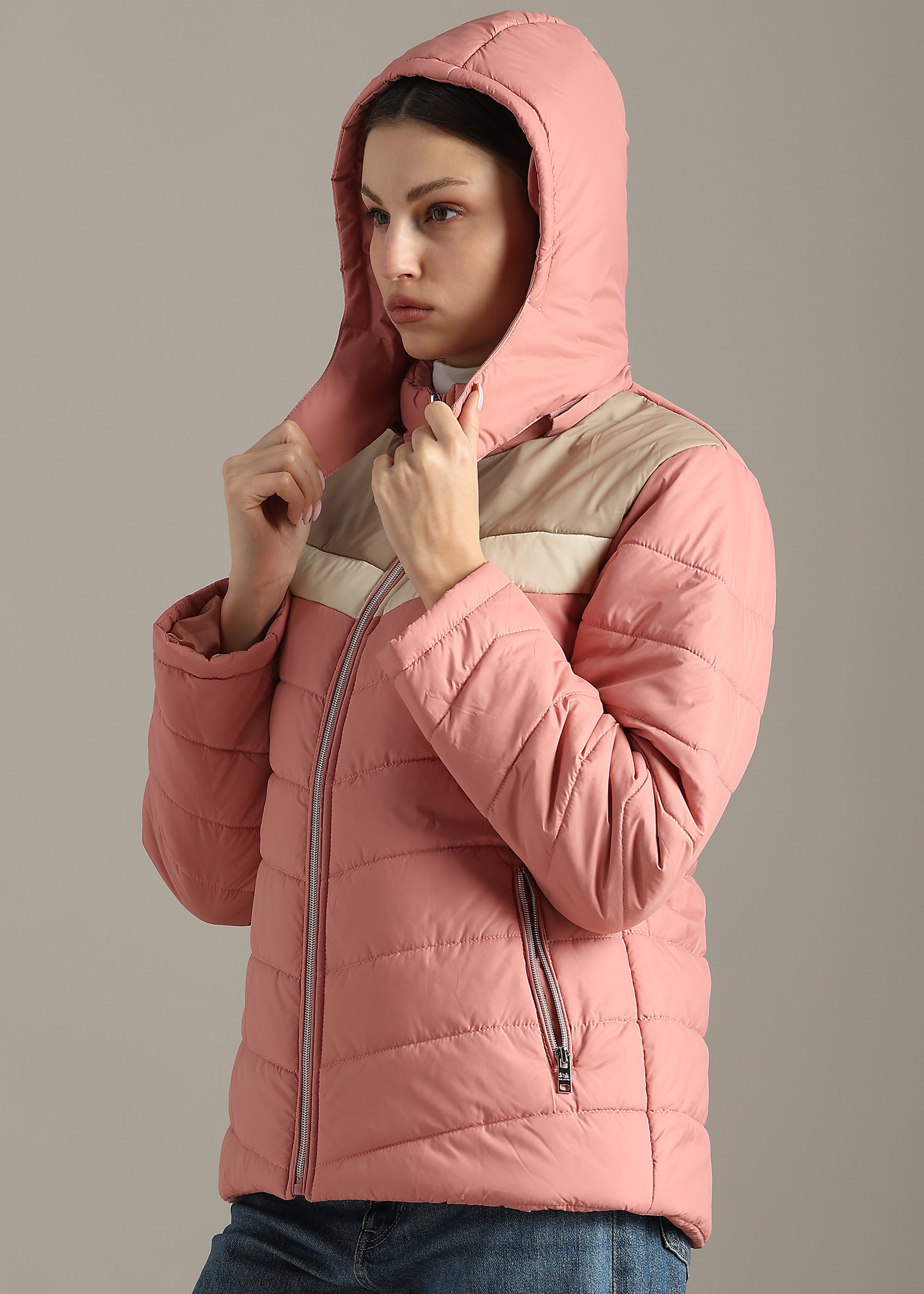 PINK COLOUR-BLOCK PUFFER FULL SLEEVE JACKET