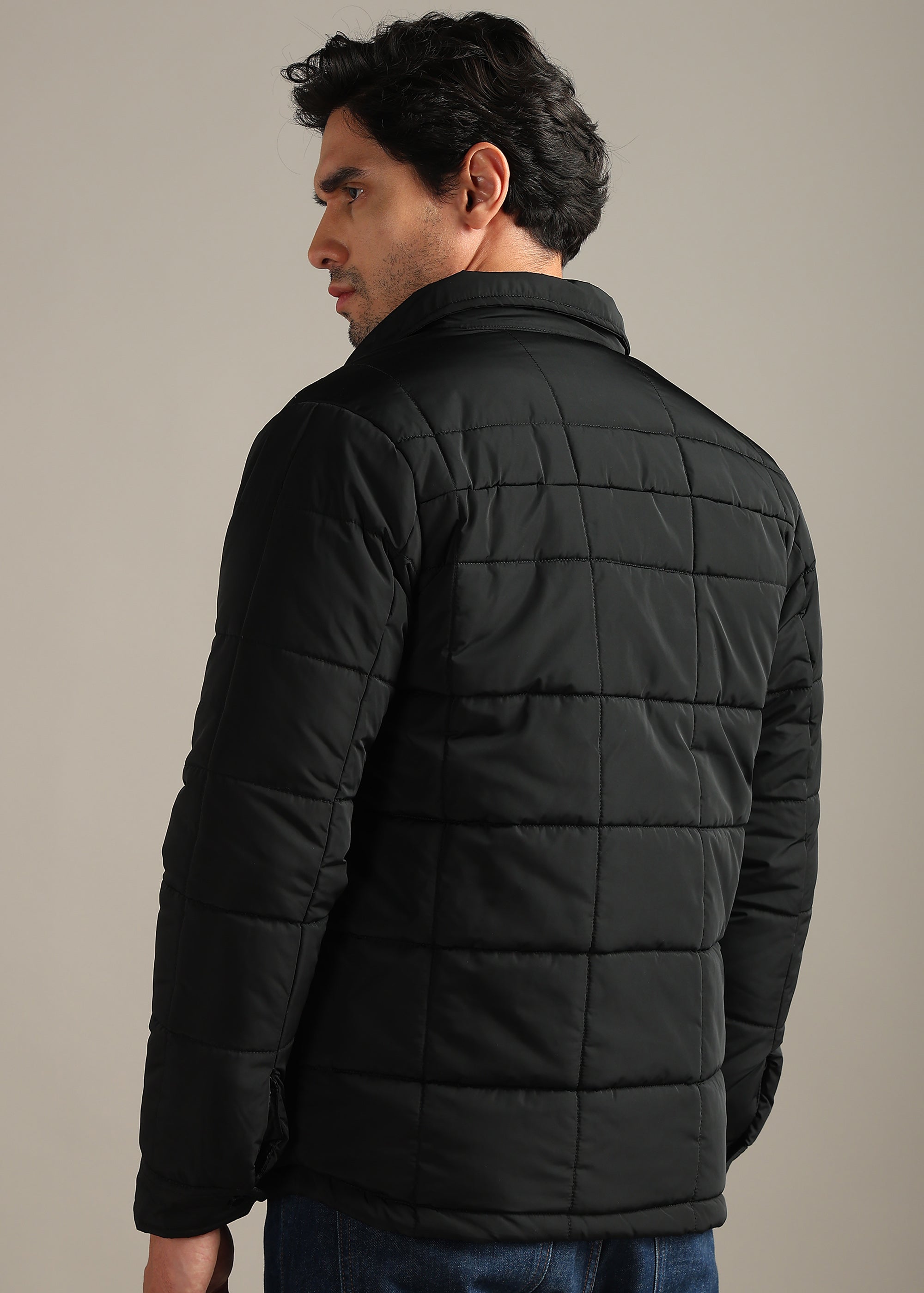 BLACK SOLID BLOUSON QUILTED FULL SLEEVE JACKET