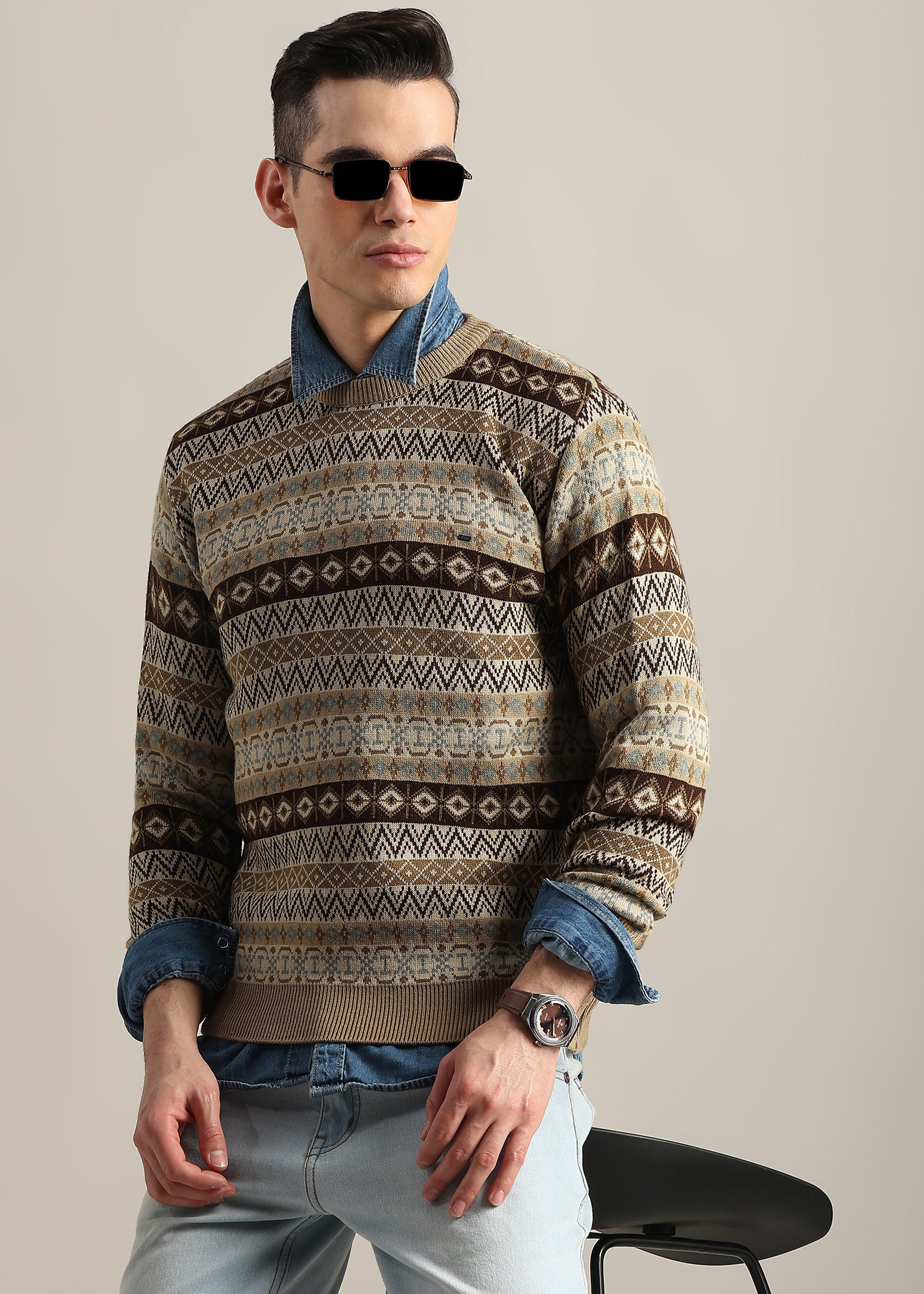 CAMEL STRUCTURED CREW NECK SWEATER