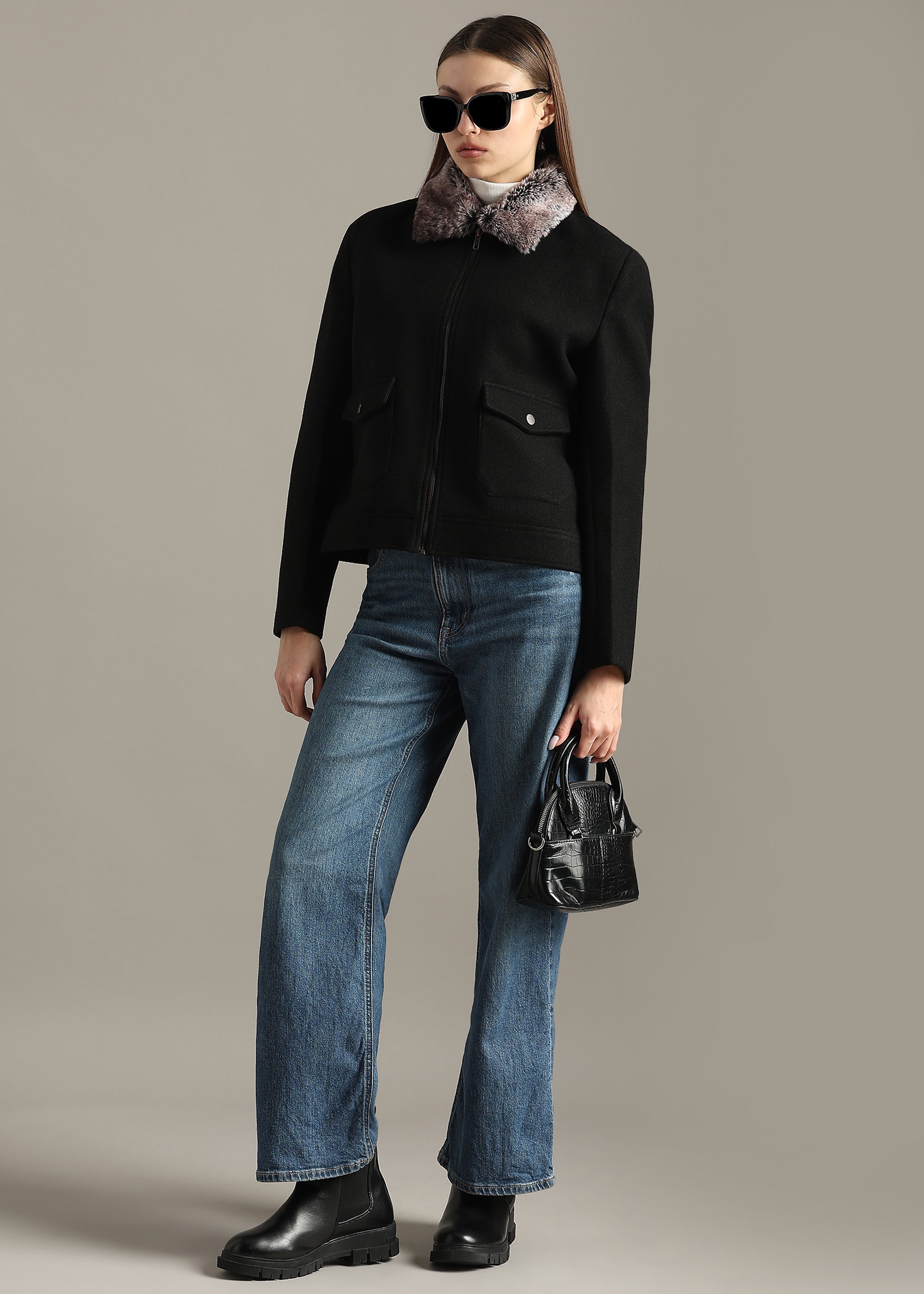 BLACK DETACHABLE FUR BLOUSON COAT